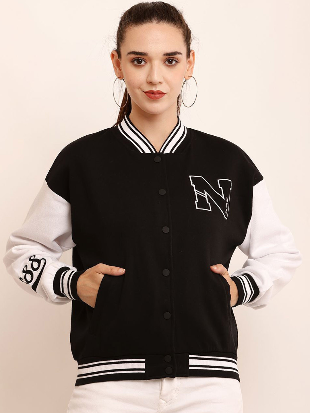 

NoBarr Women Bomber with Embroidered Jacket, Black