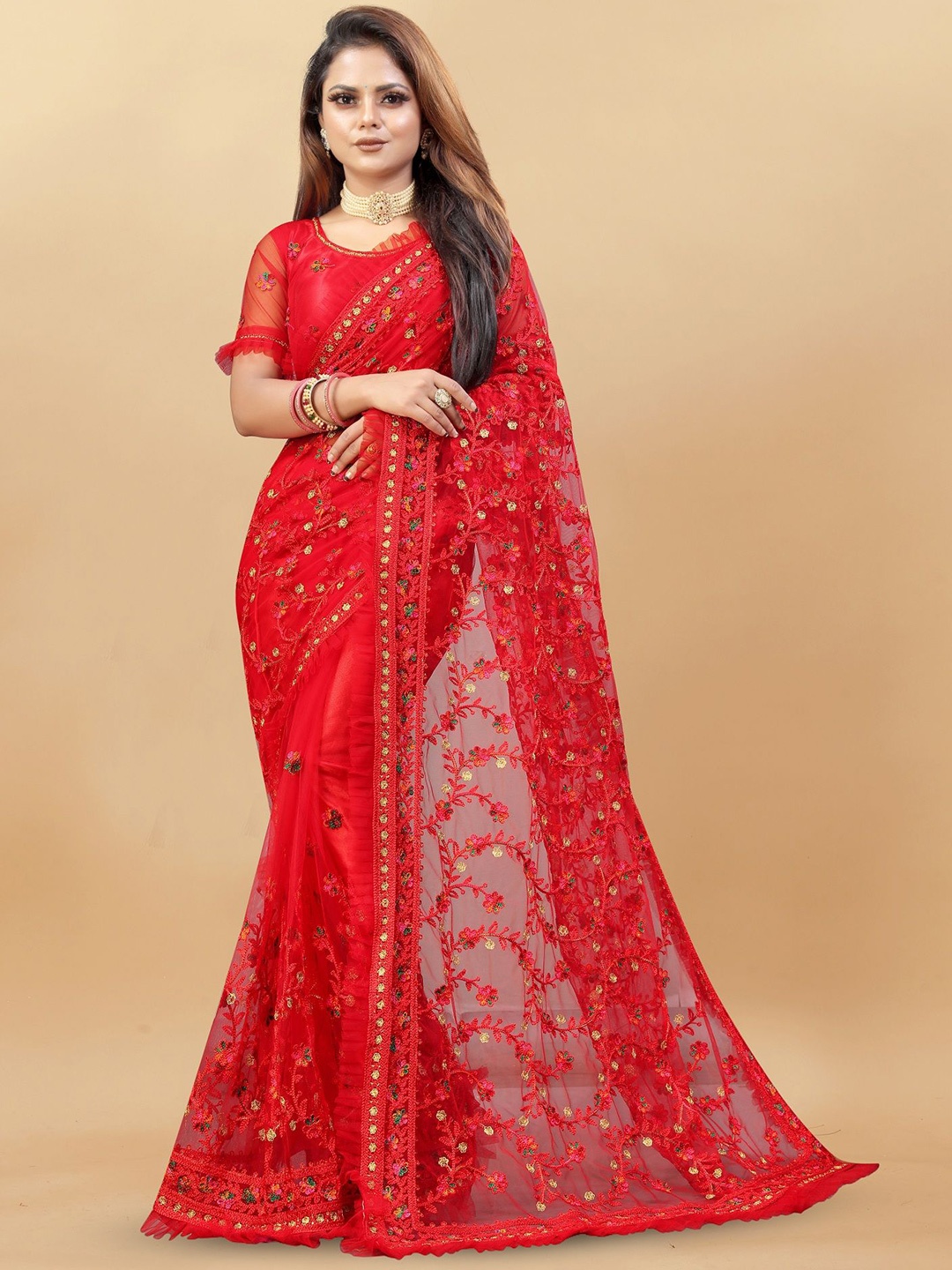 

Aika Embroidred Net Saree With Zari, Red