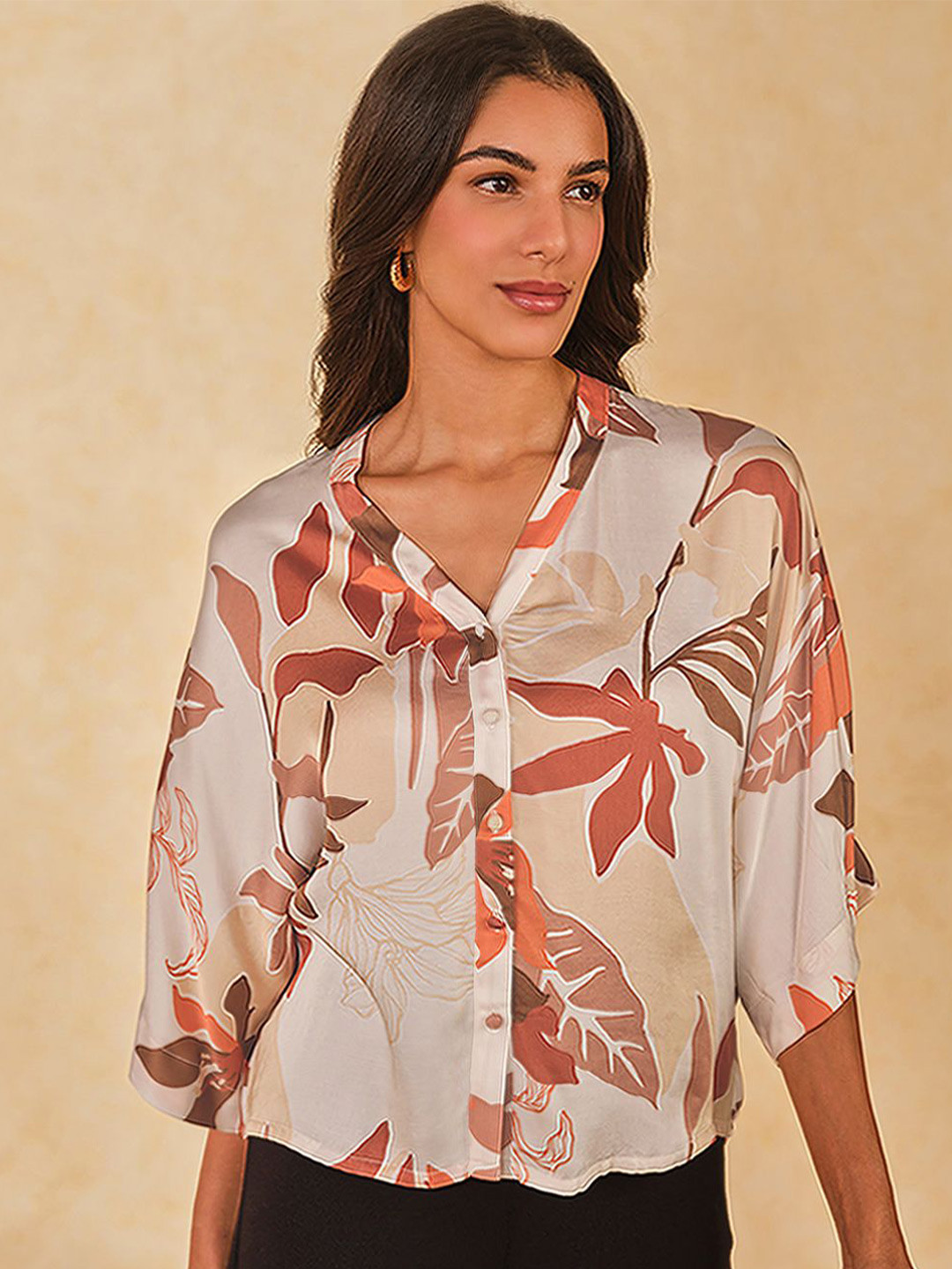 

AND Floral Print Tie-Up Neck Extended Sleeves Shirt Style Top, Cream