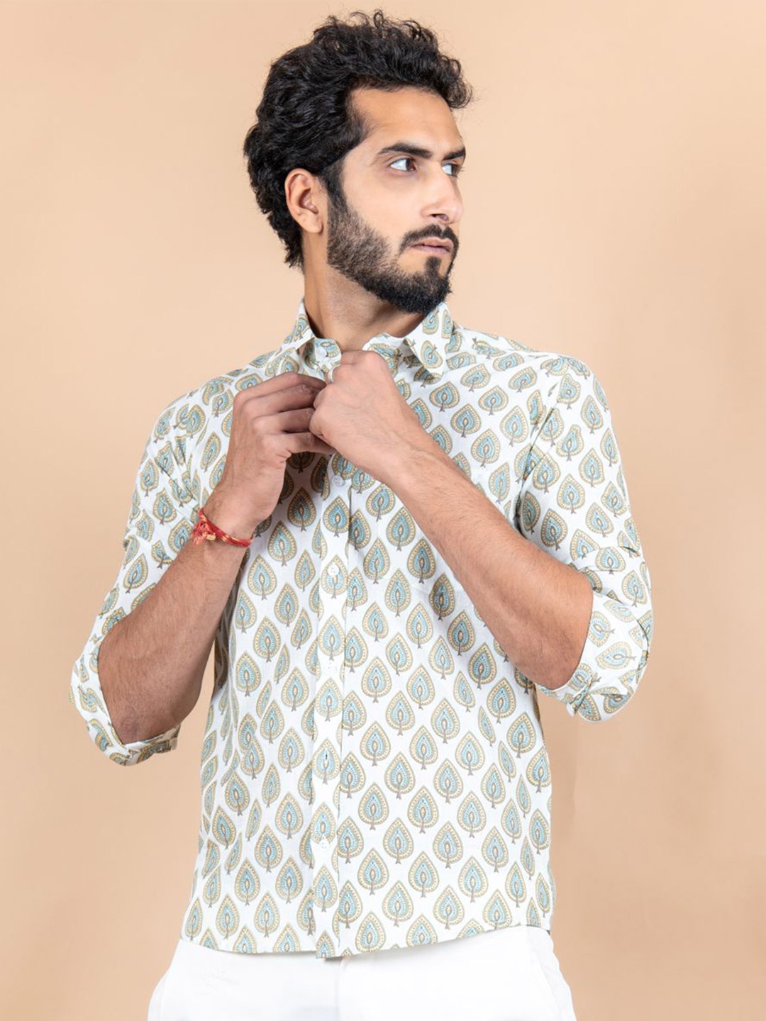 

Tistabene Men Standard Spread Collar Conversational Printed Cotton Casual Shirt, White