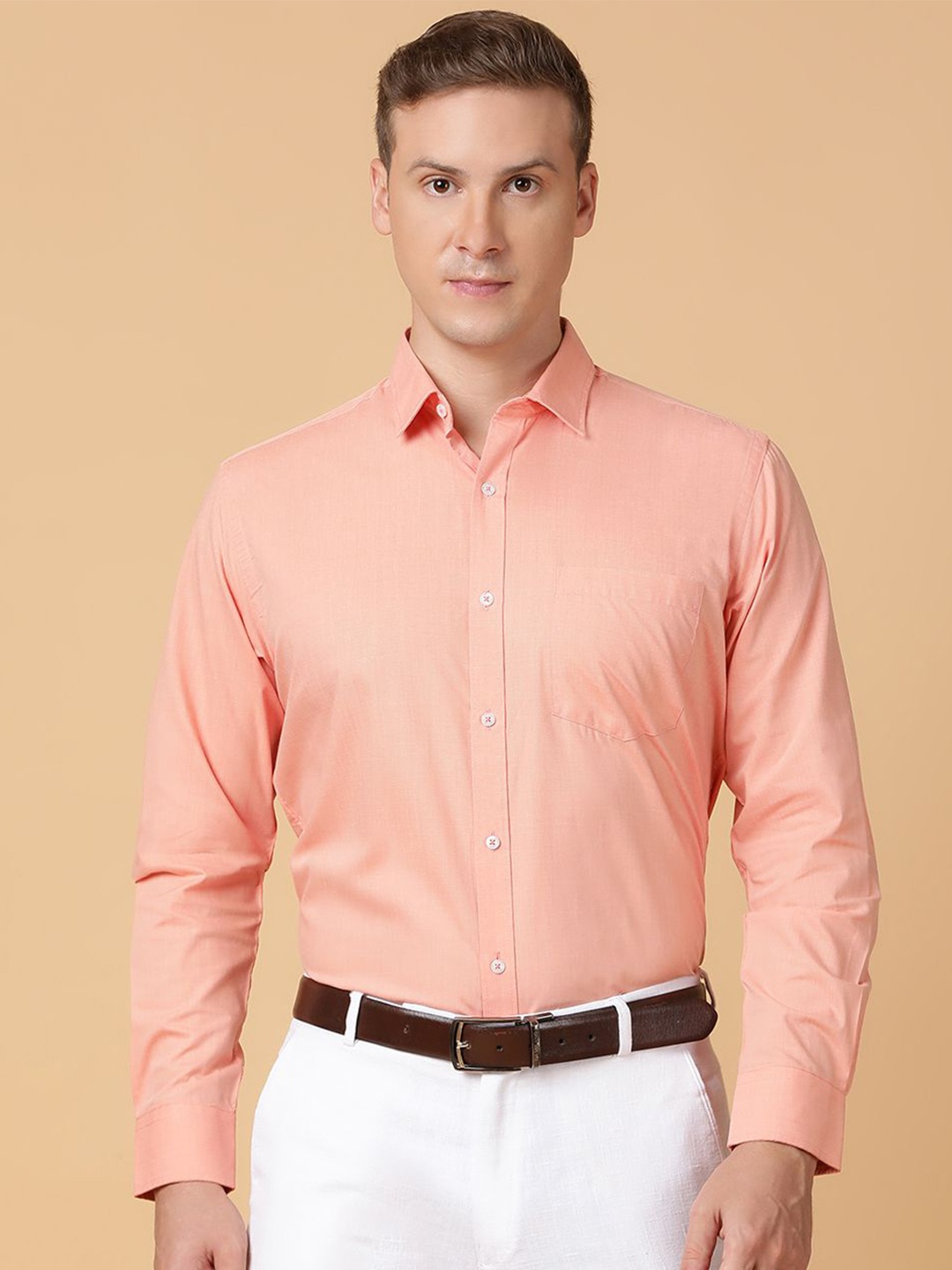

TABARD Men Spread Collar Solid Cotton Formal Shirt, Orange