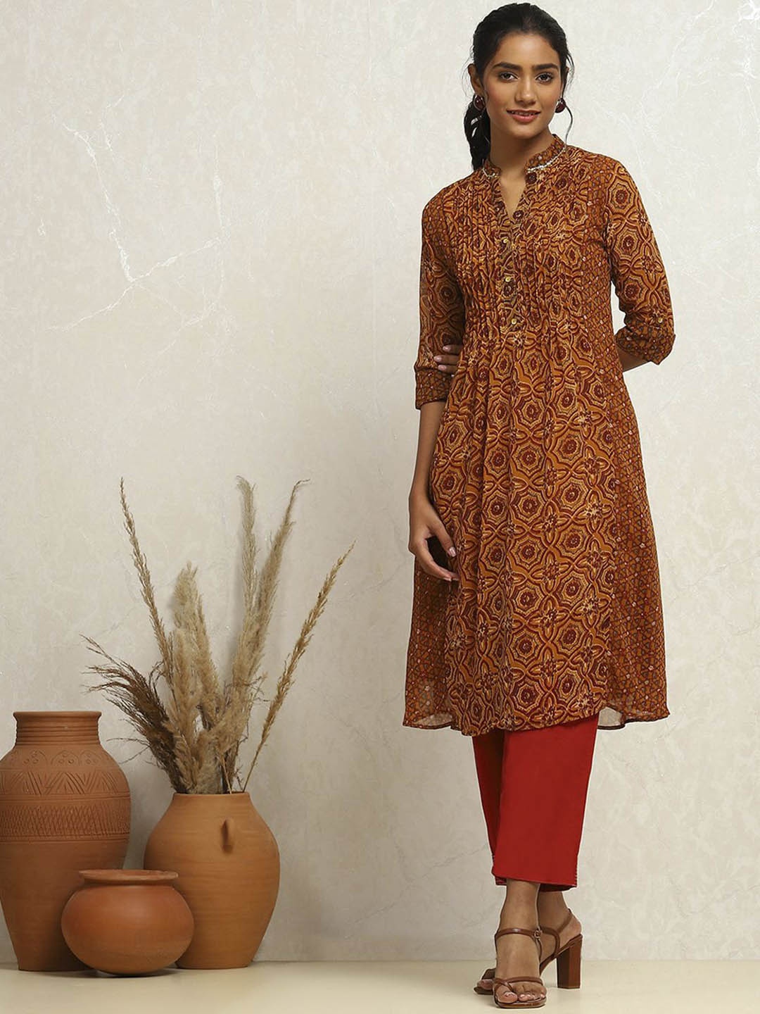 

Biba Ethnic Motifs Printed Mandarin Collar Georgette A-Line Kurta, Beige