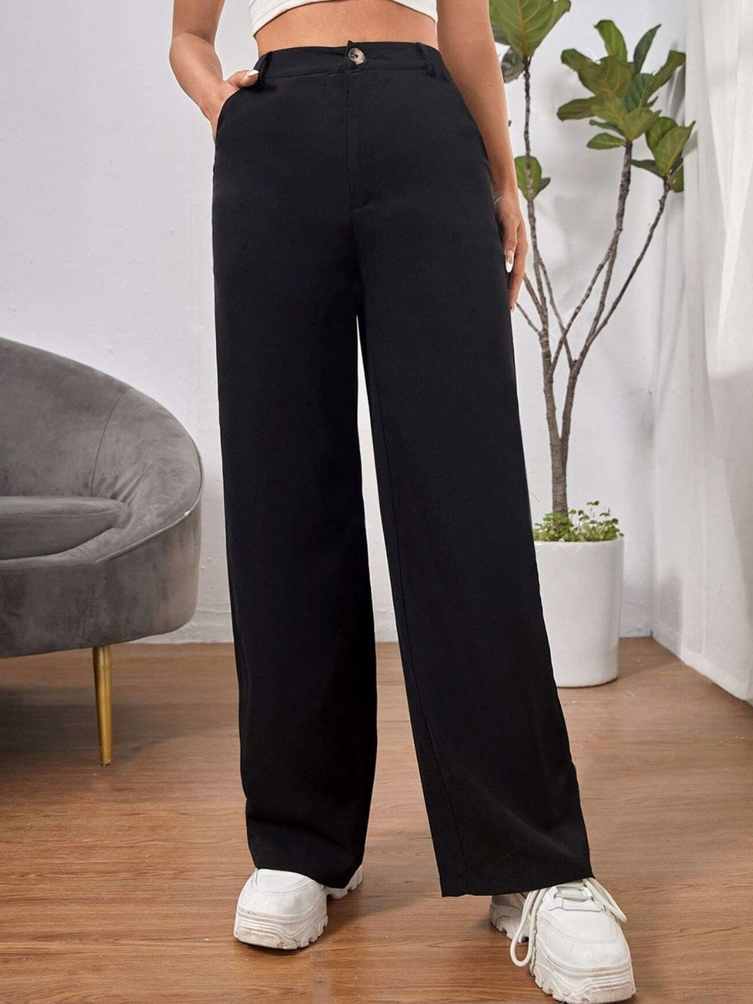 

BUY NEW TREND Women Relaxed Straight Fit High-Rise Trousers, Black