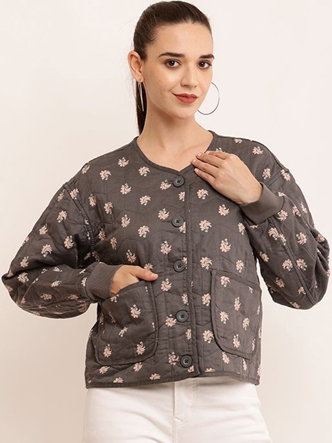 

NoBarr Women Camouflage Quilted Jacket with Embroidered, Grey