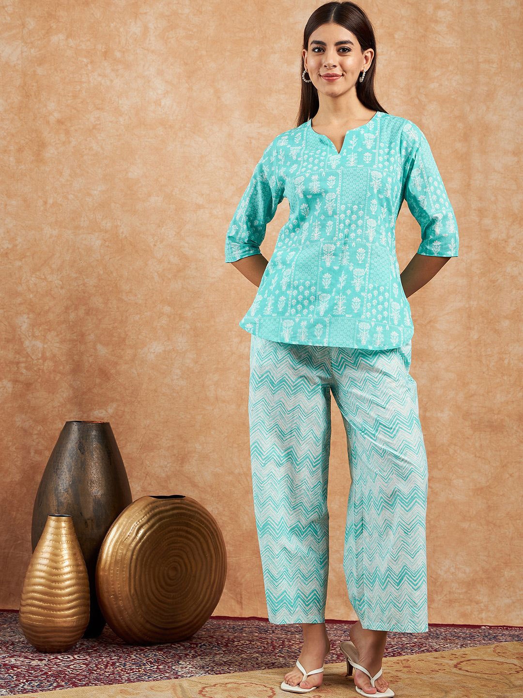 

Modeve Women Printed Pure Cotton Tunic and Trousers Co-Ords Set, Blue