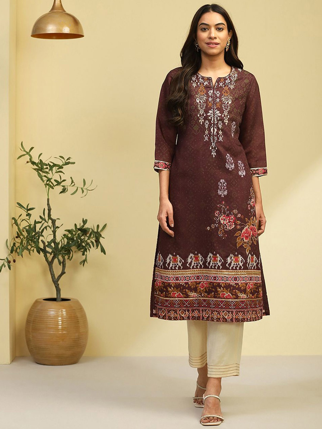 

Biba Ethnic Motifs Printed Chanderi Cotton Straight Kurta, Brown