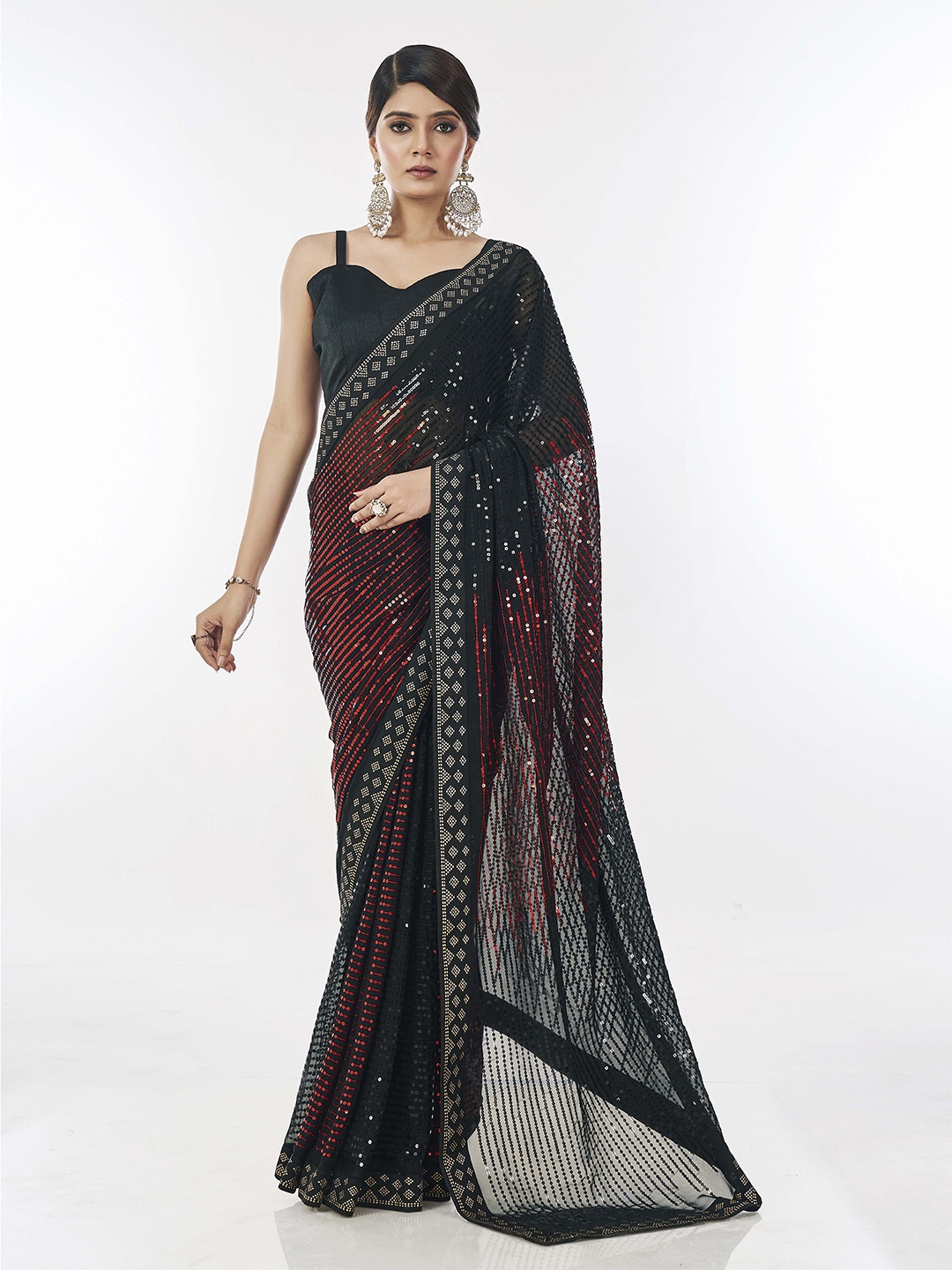 

Ethnielle Striped Sequinned Embroidered Saree, Black