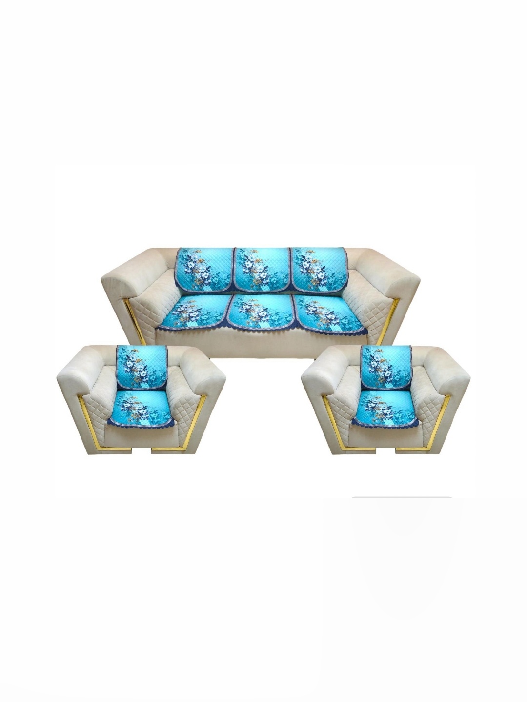 

MONKDECOR Teal & Navy Blue 6 Pieces Printed 5 Seater Velvet Sofa Cover