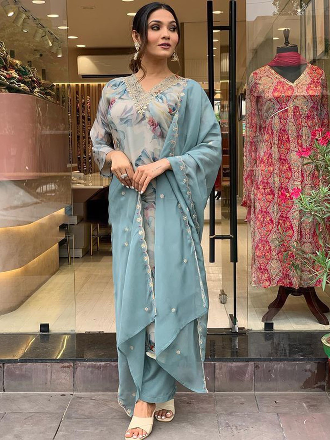 

KALINI Floral Printed Thread Work Straight Kurta With Trousers & Dupatta, Grey