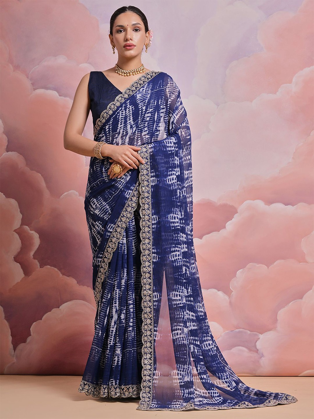 

ODETTE Abstract Printed Embroidered Saree, Blue