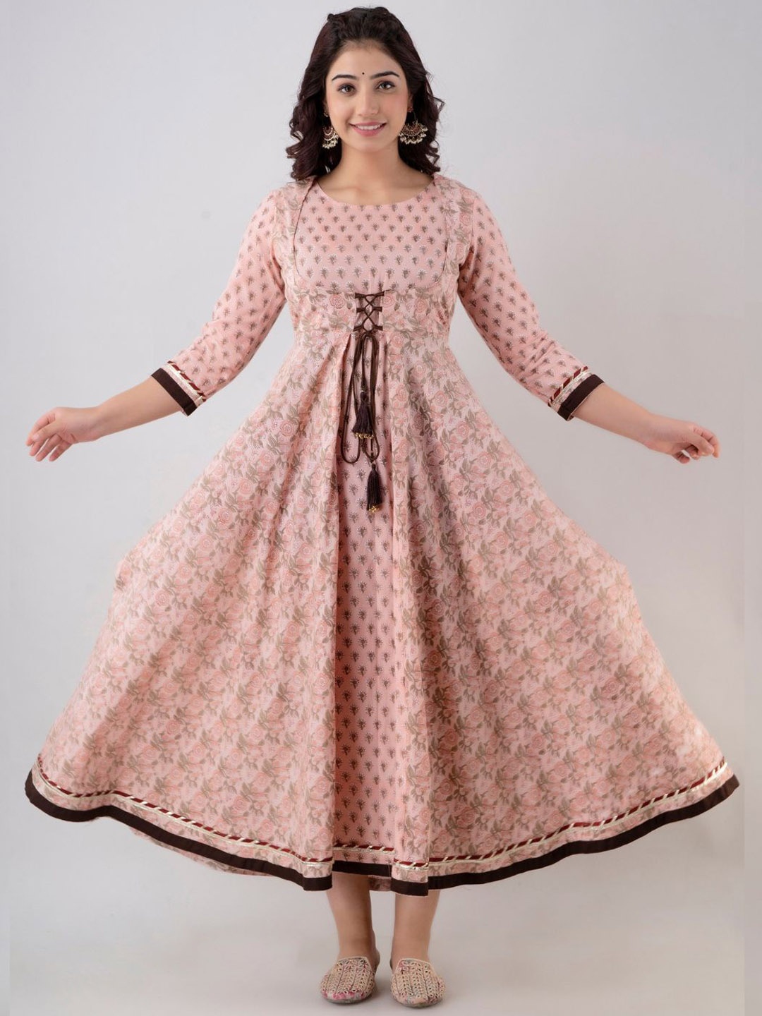 

Jaipurite Floral Printed Maxi A-Line Ethnic Dresses, Cream