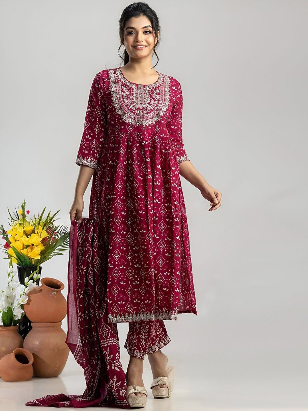 

Parth Fab Ethnic Motifs Printed Round Neck A-Line Kurta With Trousers & Dupatta, Maroon