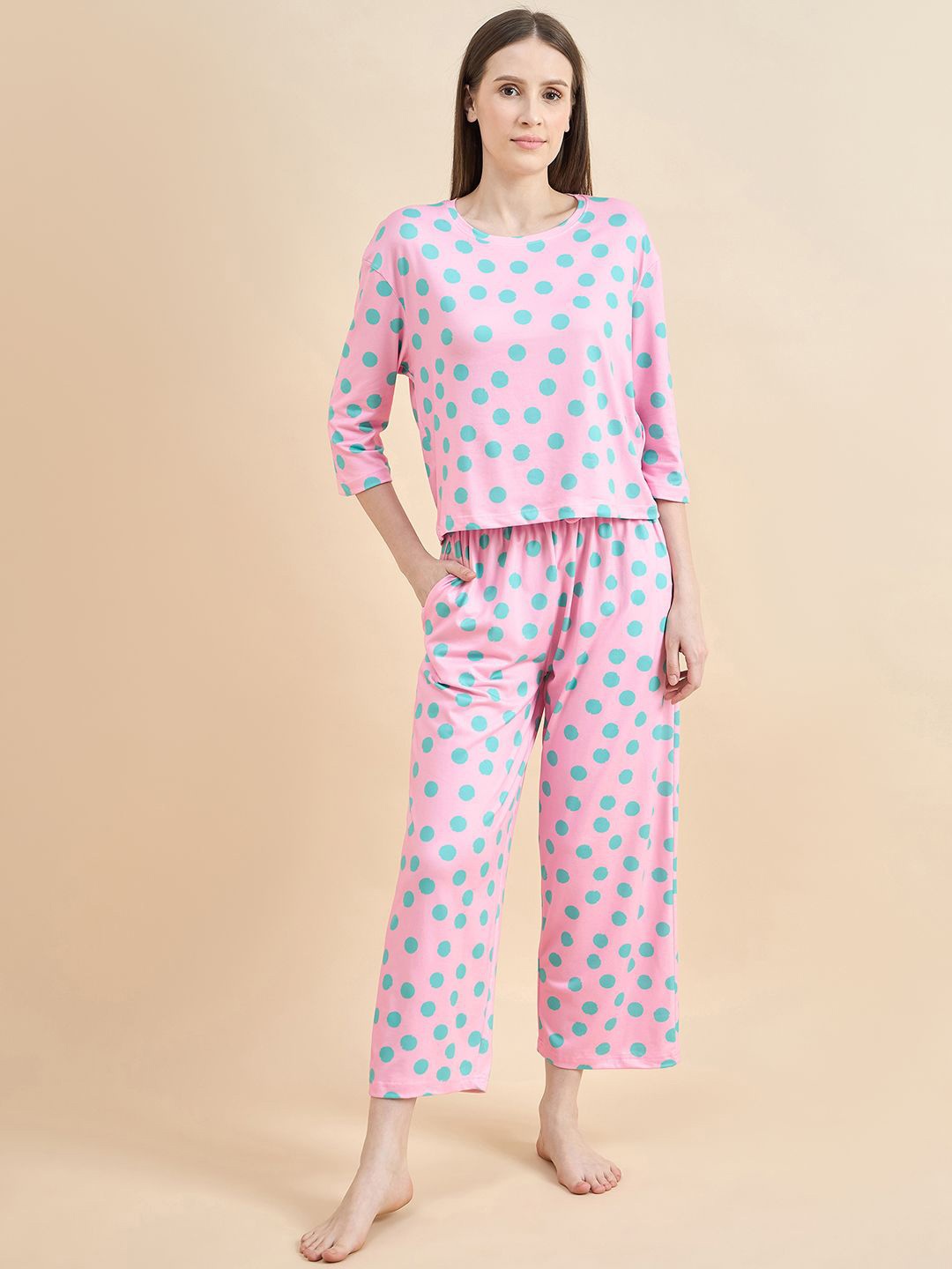 

July Women Polka Dots Printed Night suit, Pink