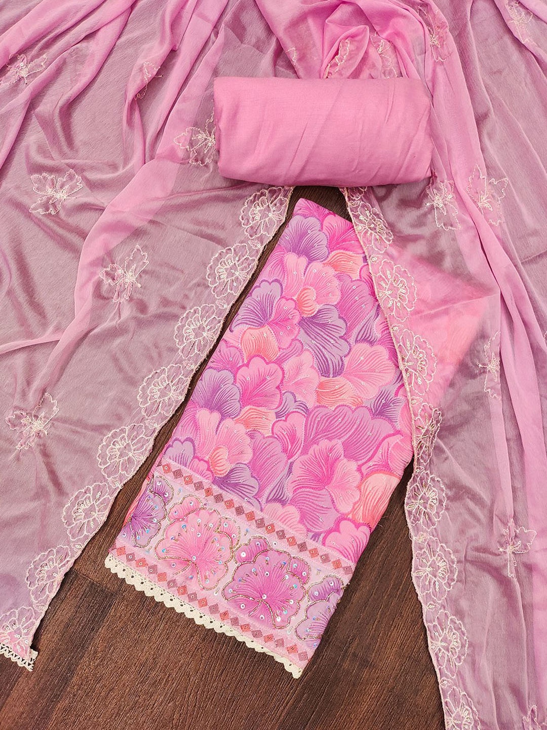 

Lilots Floral Printed Sequinned Muslin Unstitched Dress Material, Pink