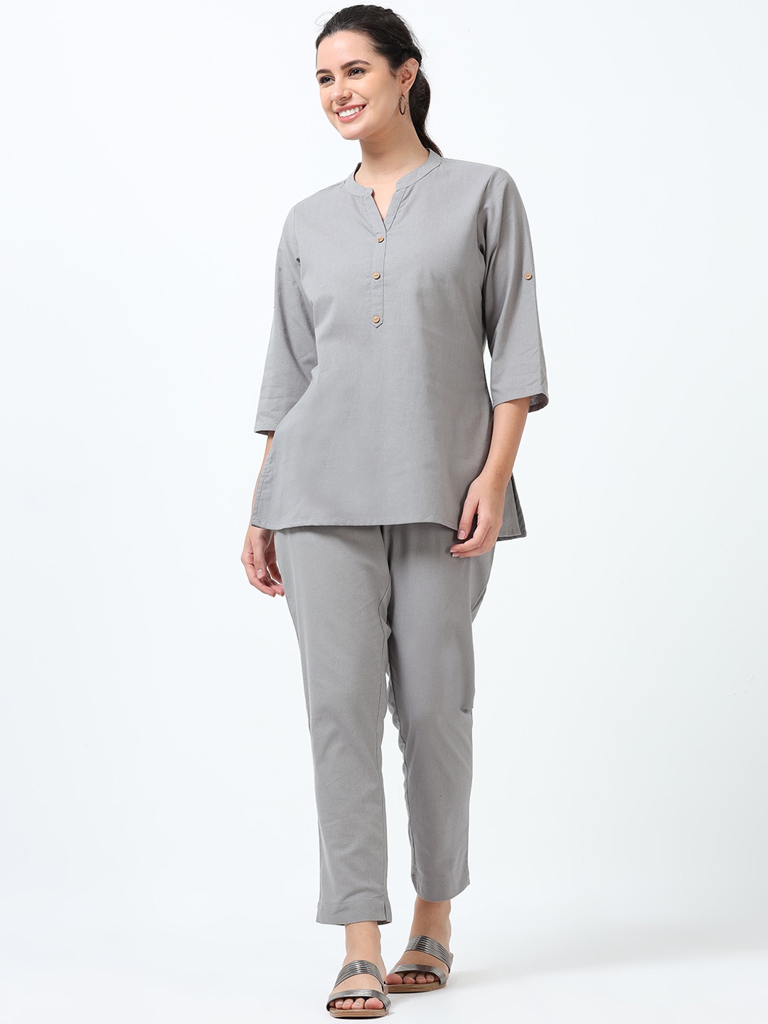 

Marcia Mandarin Collar Pure Cotton Tunic With Trousers, Grey