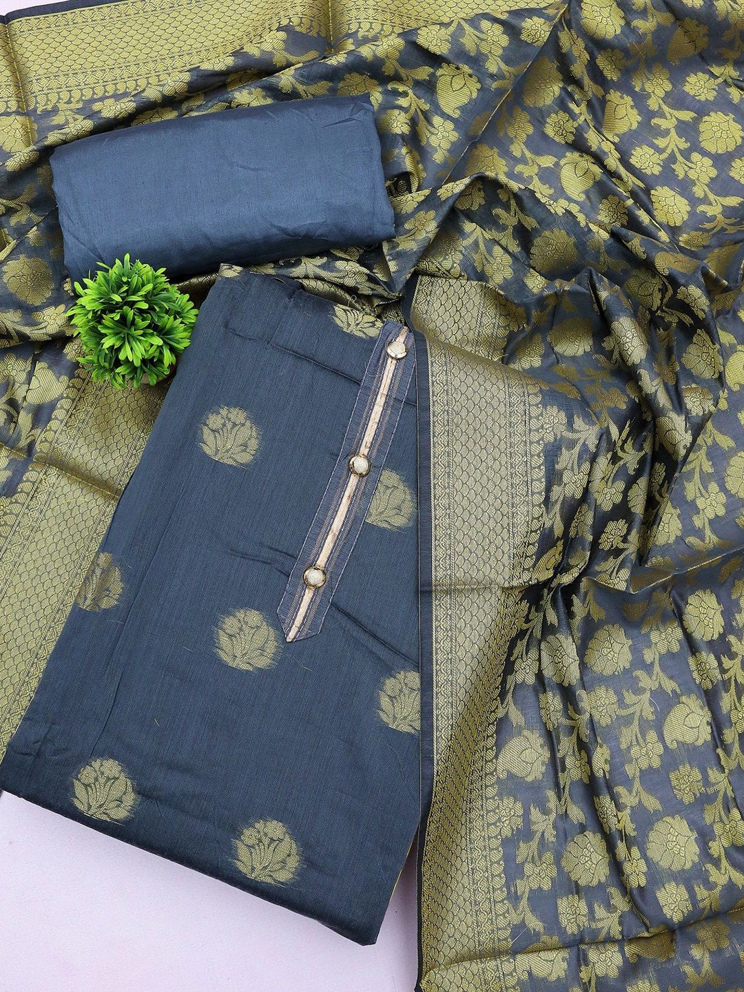 

APNISHA Ethnic Motifs Woven Design Pure Silk Unstitched Dress Material, Grey