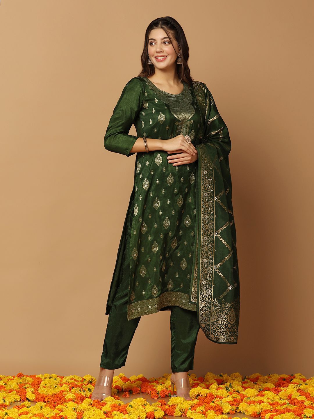 

BAESD Floral Woven Design Kurta With Trousers & Dupatta, Green