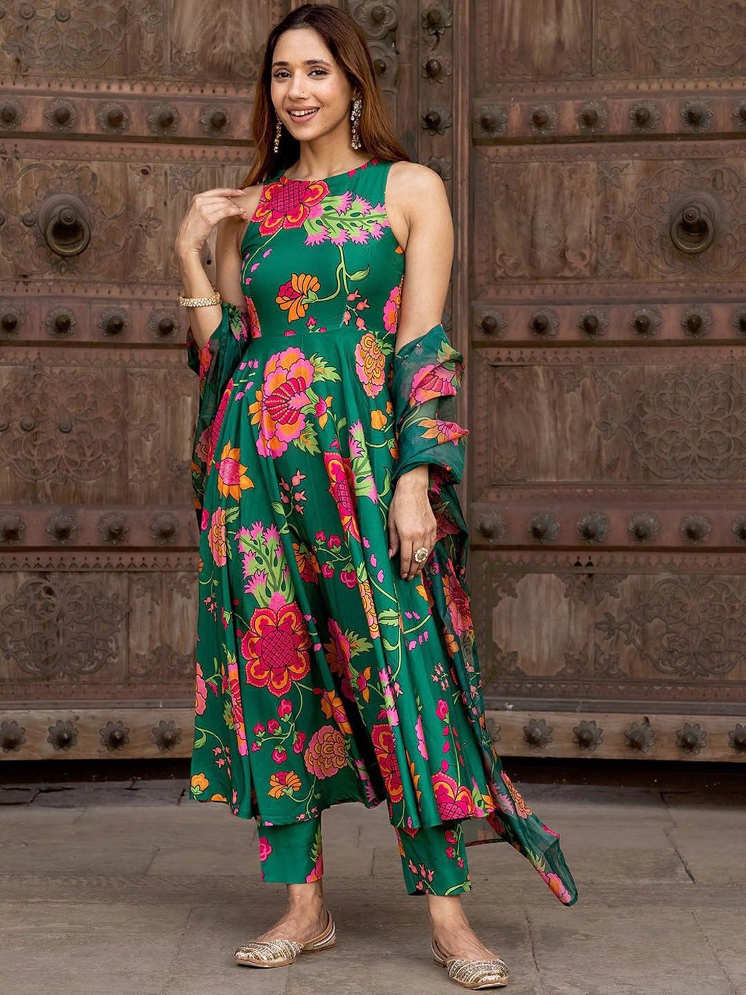 

GoSriKi Floral Printed Round Neck Anarkali Kurta With Trousers & Dupatta, Green