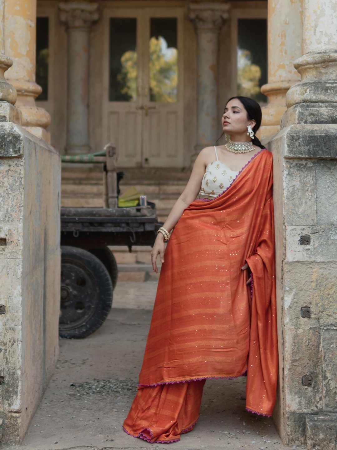 

Humdum Striped Sequinned Pure Cotton Saree, Rust