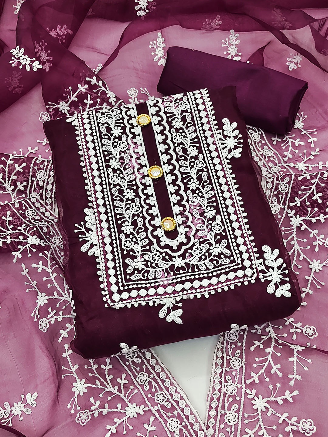 

Ishin Floral Embroidered Zari Organza Unstitched Dress Material, Magenta