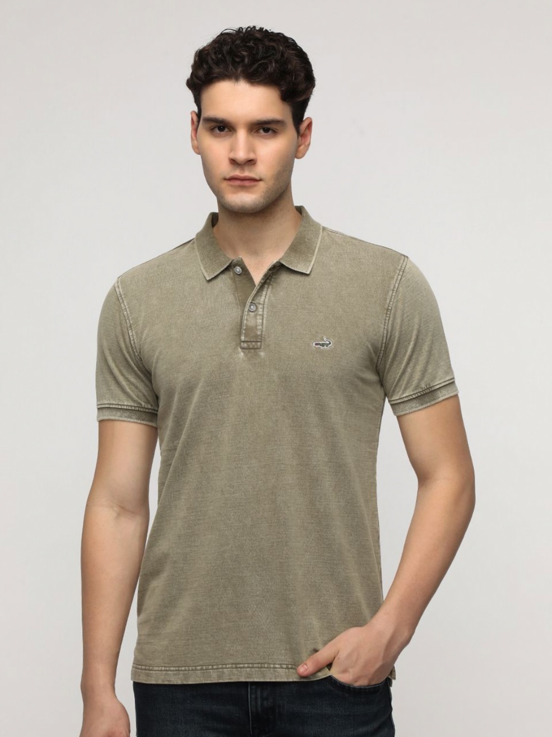 

Crocodile Men Solid Polo Collar Cotton Slim Fit T-Shirt, Olive