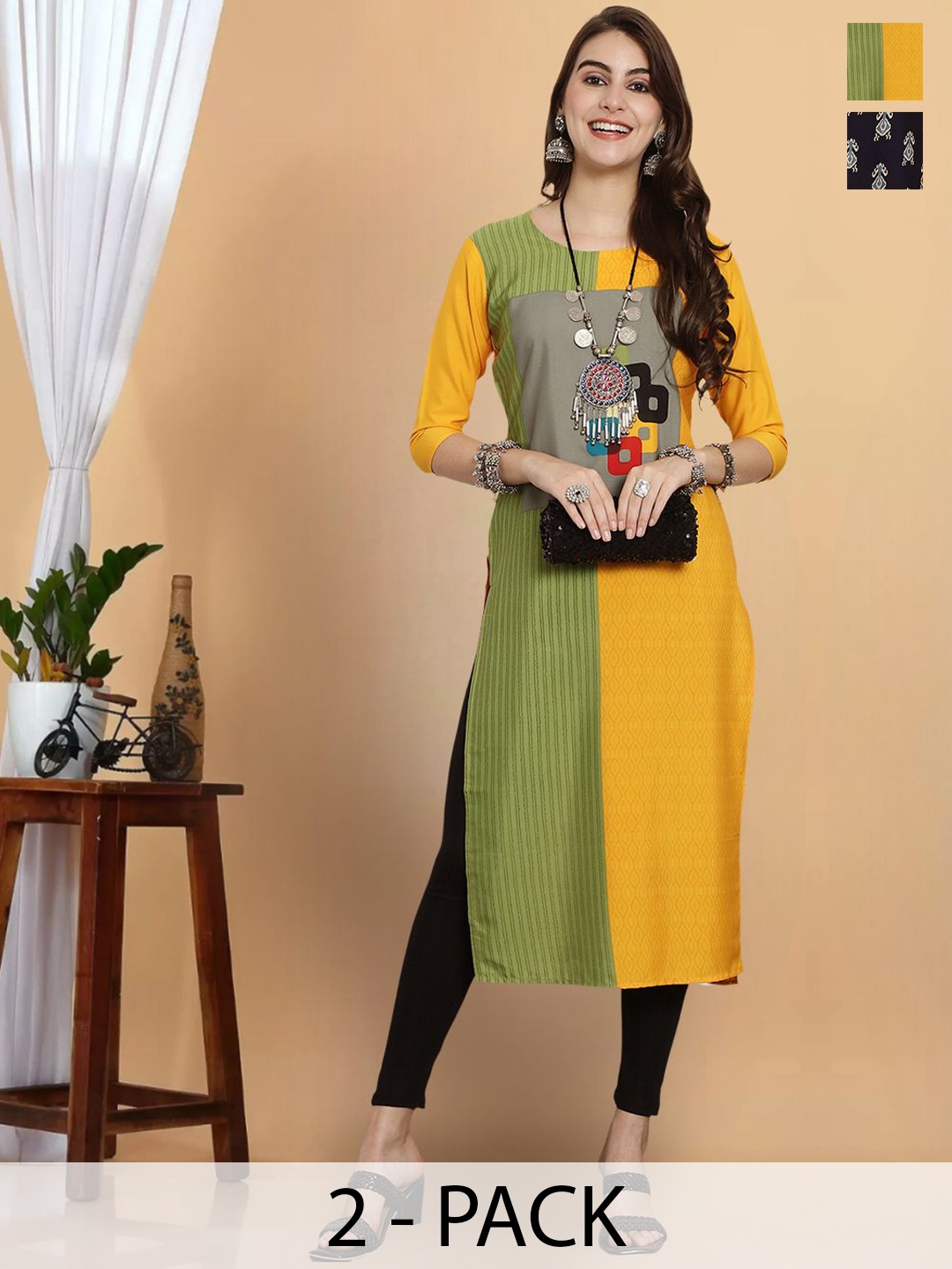 

7Threads Pack Of 2 Ethnic Motifs Printed Round Neck Short Sleeves Straight Kurta, Yellow