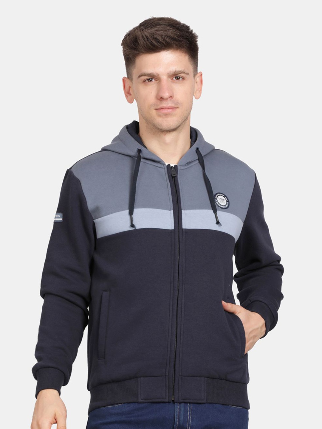 

t-base Men Colourblocked Hooded Sweatshirt, Navy blue