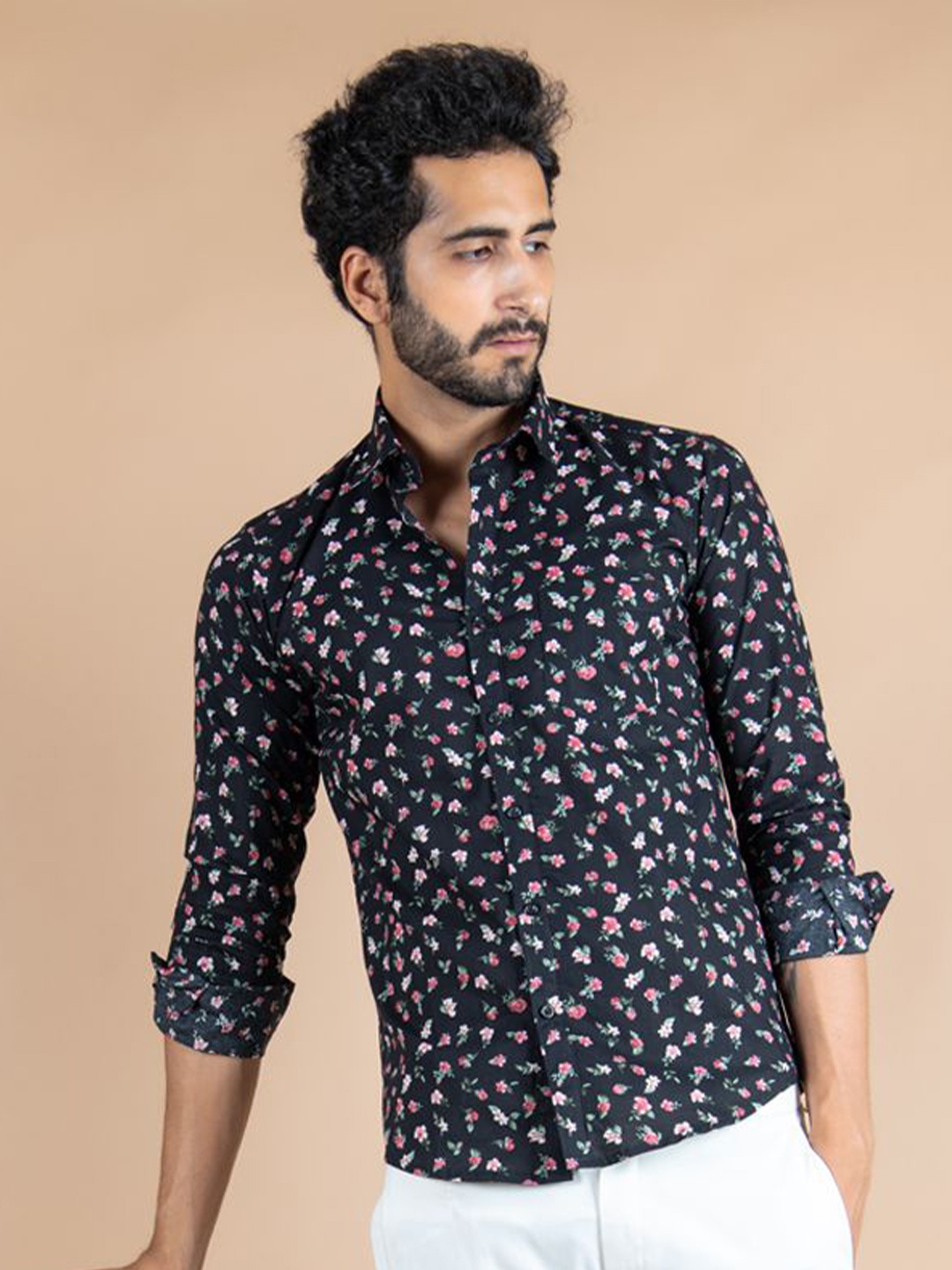 

Tistabene Men Standard Spread Collar Floral Printed Cotton Casual Shirt, Black