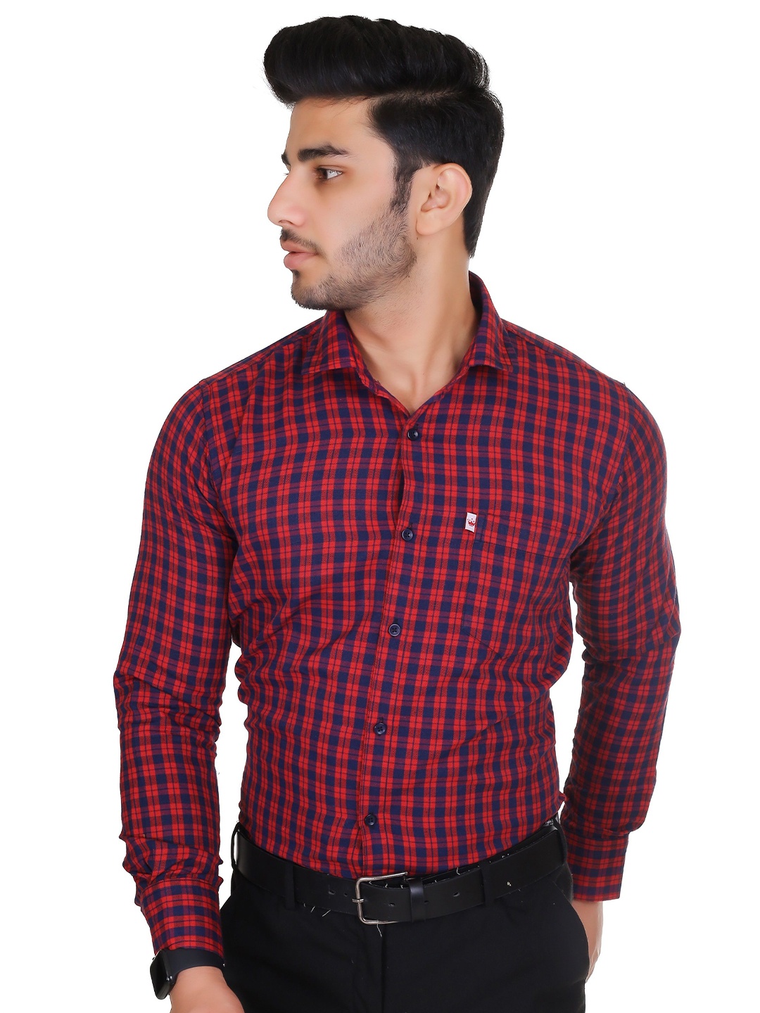 

Marc Laurent Men Comfort Cutaway Collar Shepherd Checked Cotton Casual Shirt, Red