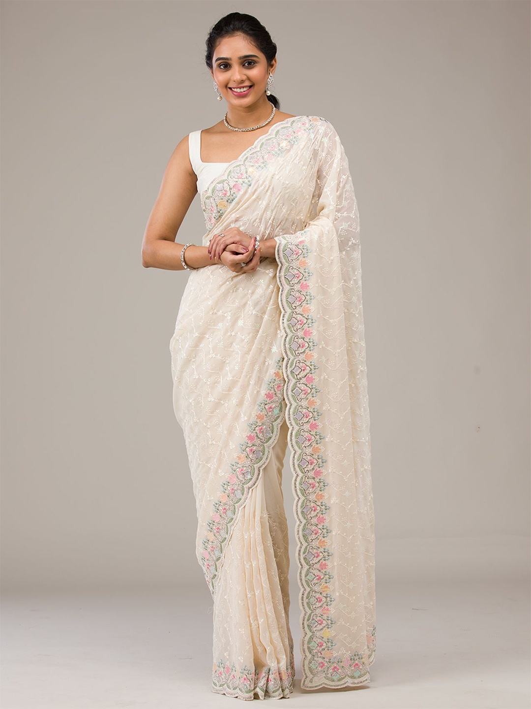 

Koskii Embellished Embroidered Pure Georgette Saree, White