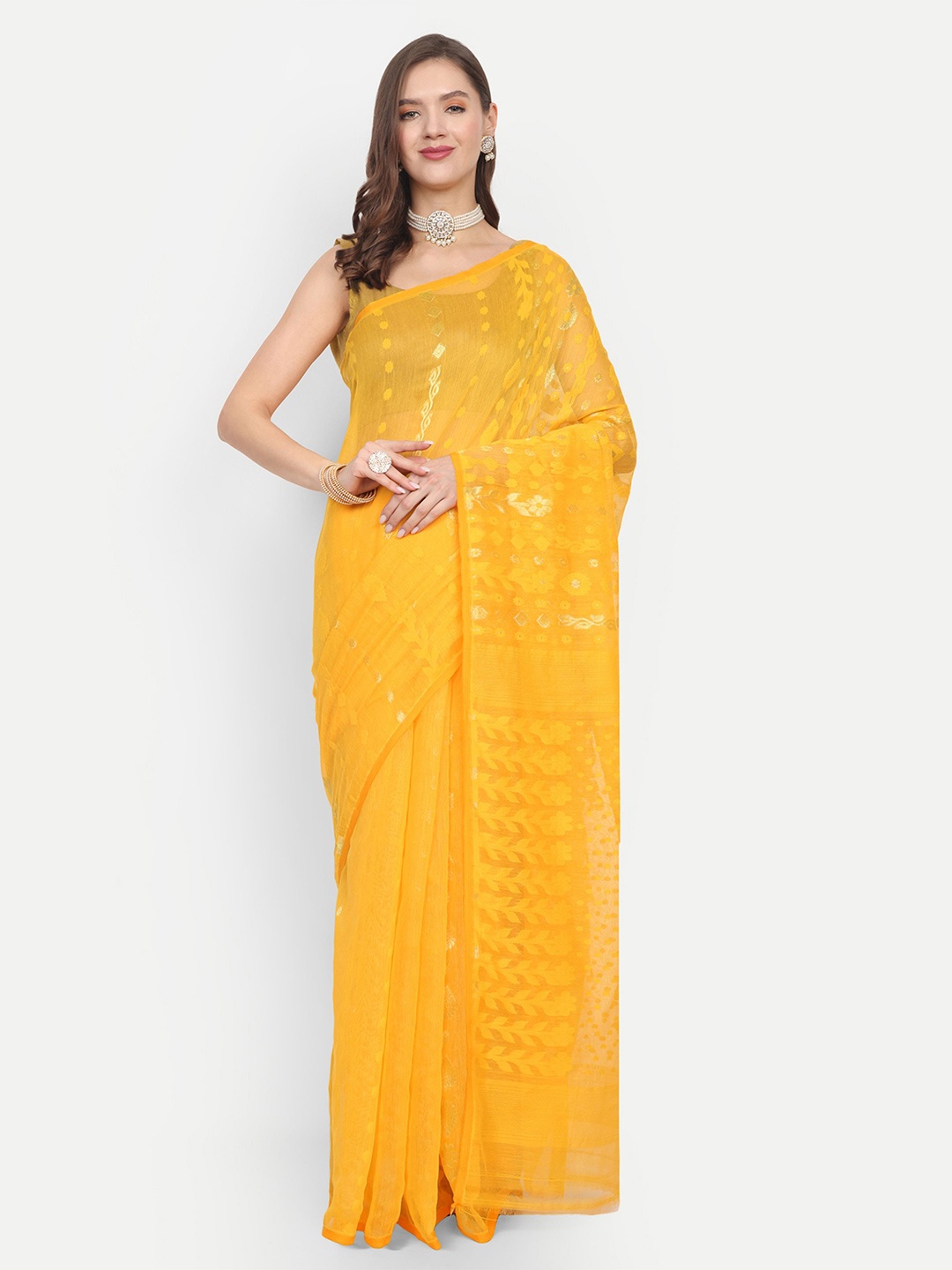 

BENGAL HANDLOOM Women Woven Design Taant Saree, Yellow