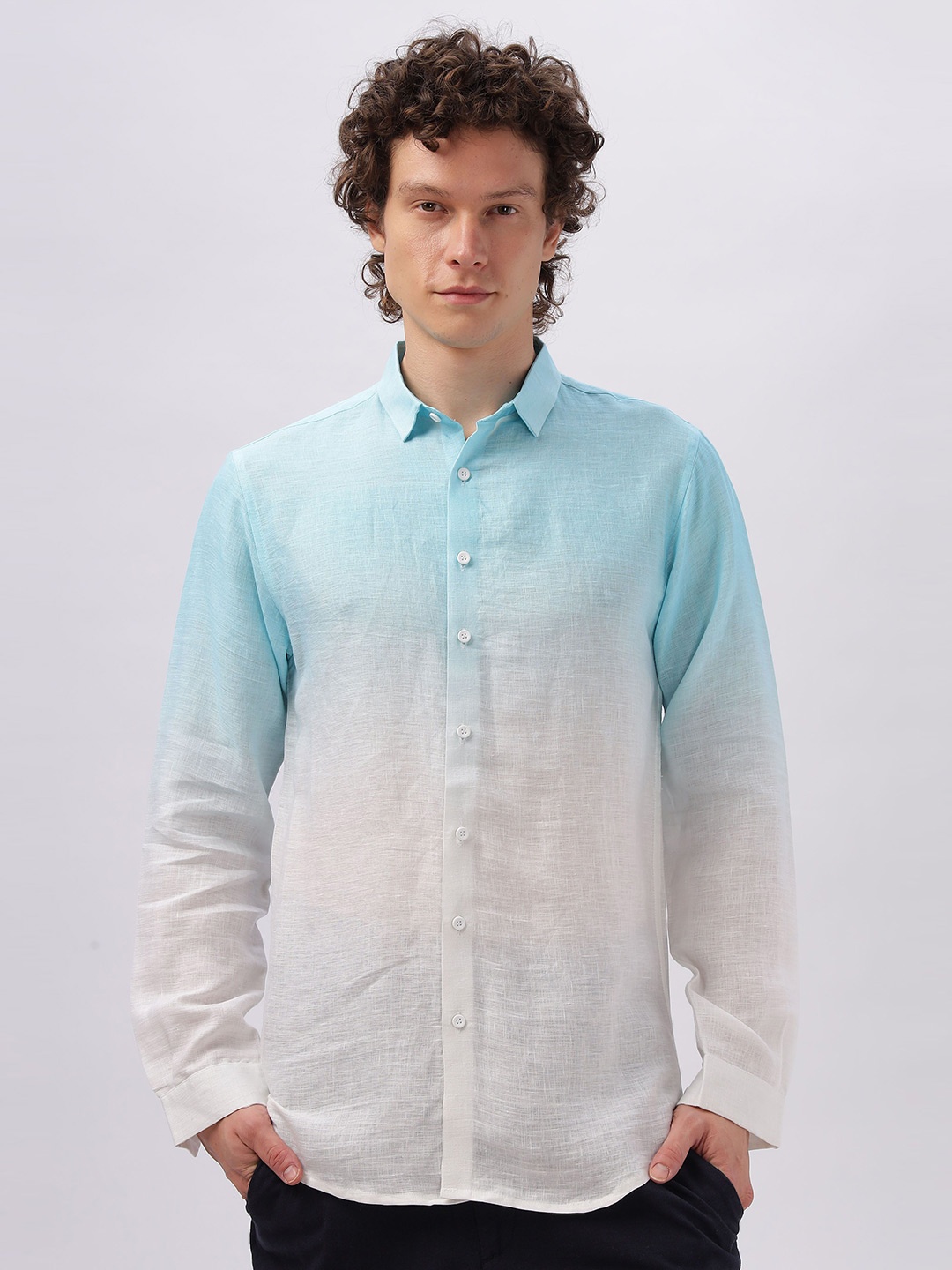 

HAMPTONS Cotton Linen Faded Ombre Casual Shirt, Blue