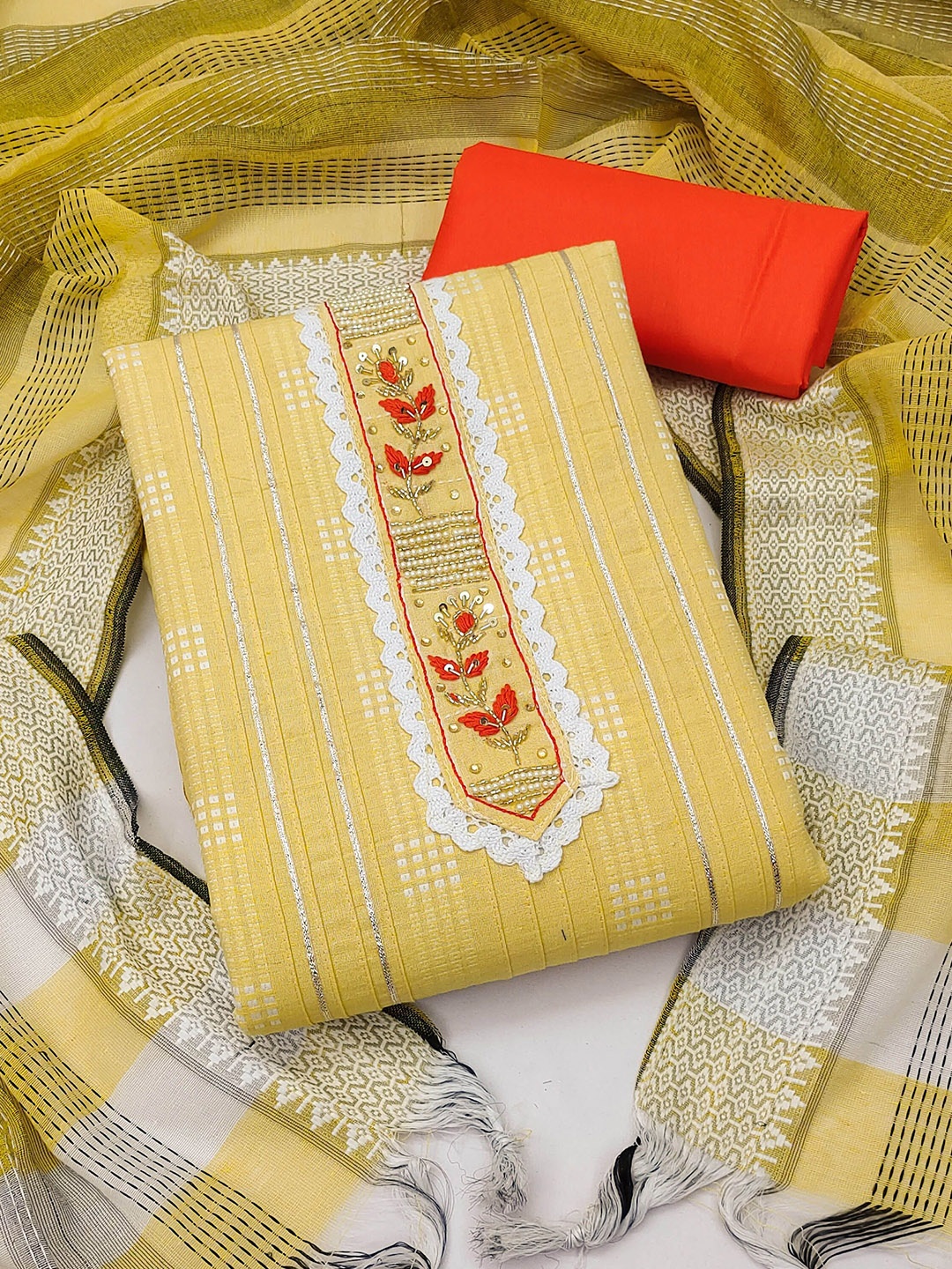 

Ishin Striped Embroidered Beads & Stones Unstitched Dress Material, Yellow