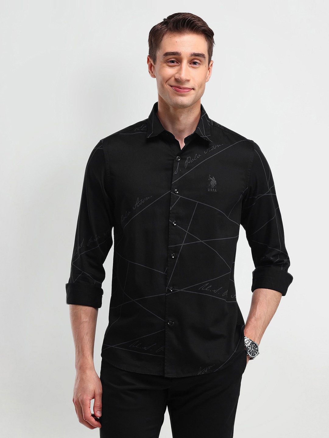 

U.S. Polo Assn. Men Modern Slim Fit Opaque Printed Casual Shirt, Black