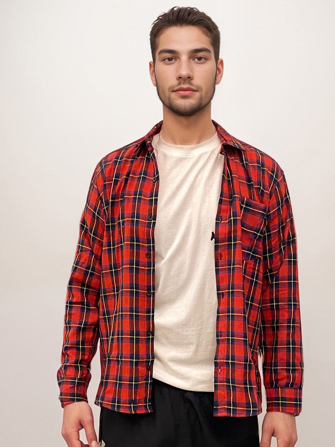

IZF Men Spread Collar Tartan Checked Cotton Relaxed Fit Casual Shirt, Red