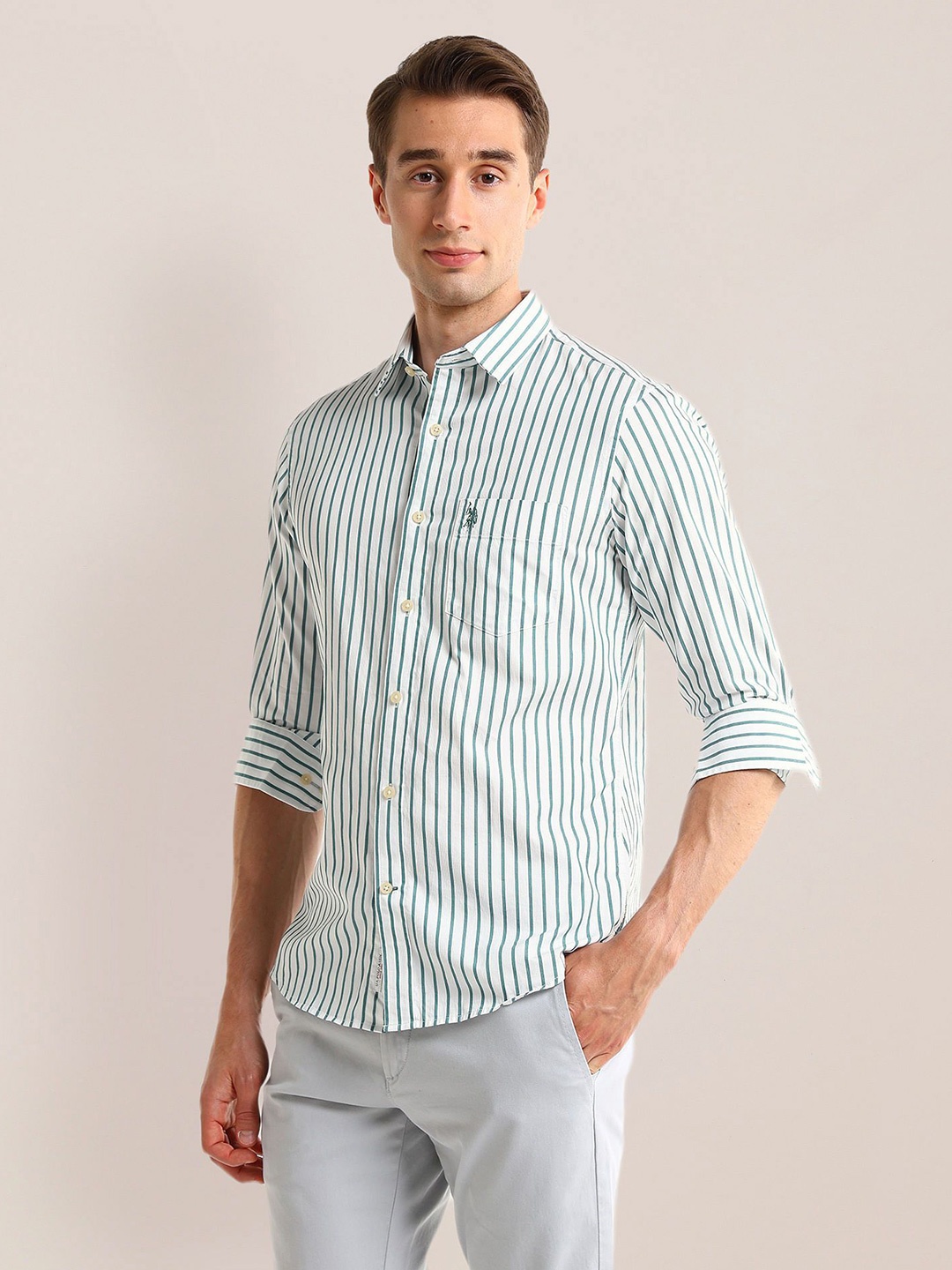 

U.S. Polo Assn. Men Classic Spread Collar Striped Cotton Casual Shirt, Off white