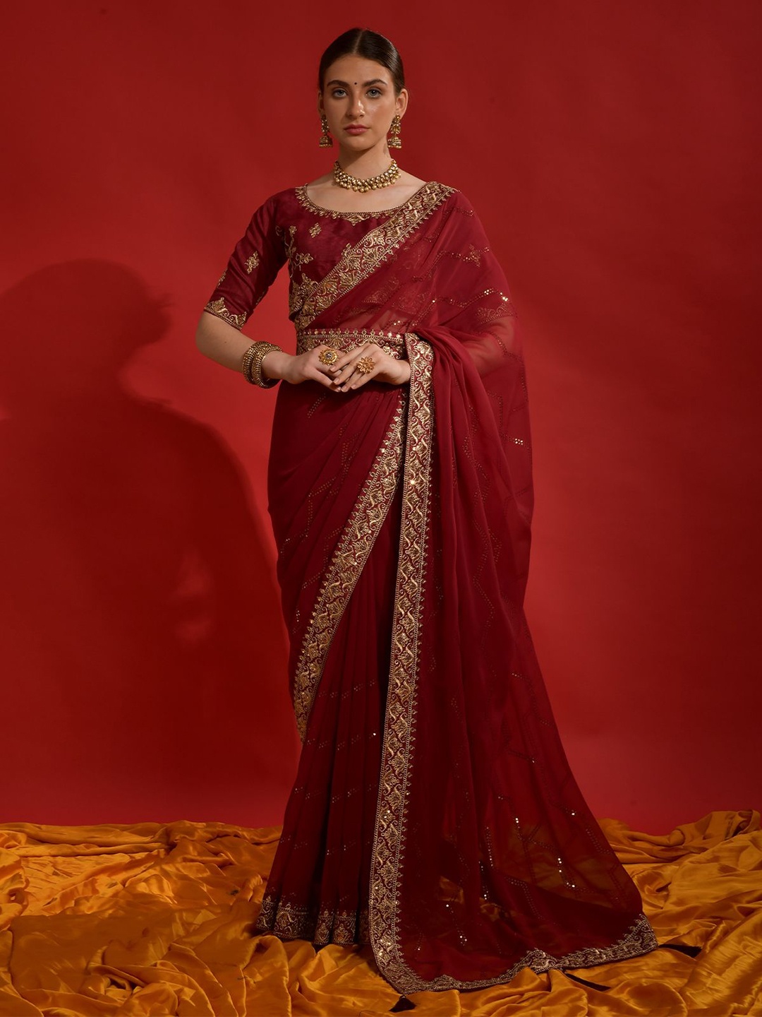 

ODETTE Sequinned Embroidered Saree With Unstitched Blouse, Maroon