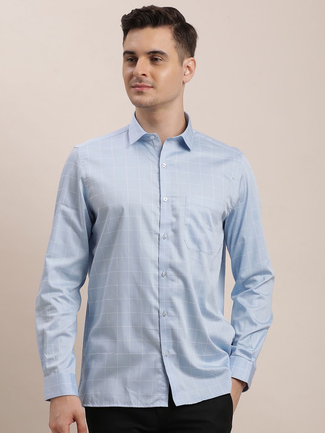 

Turtle Men Standard Horizontal Stripes Opaque Checked Formal Shirt, Blue