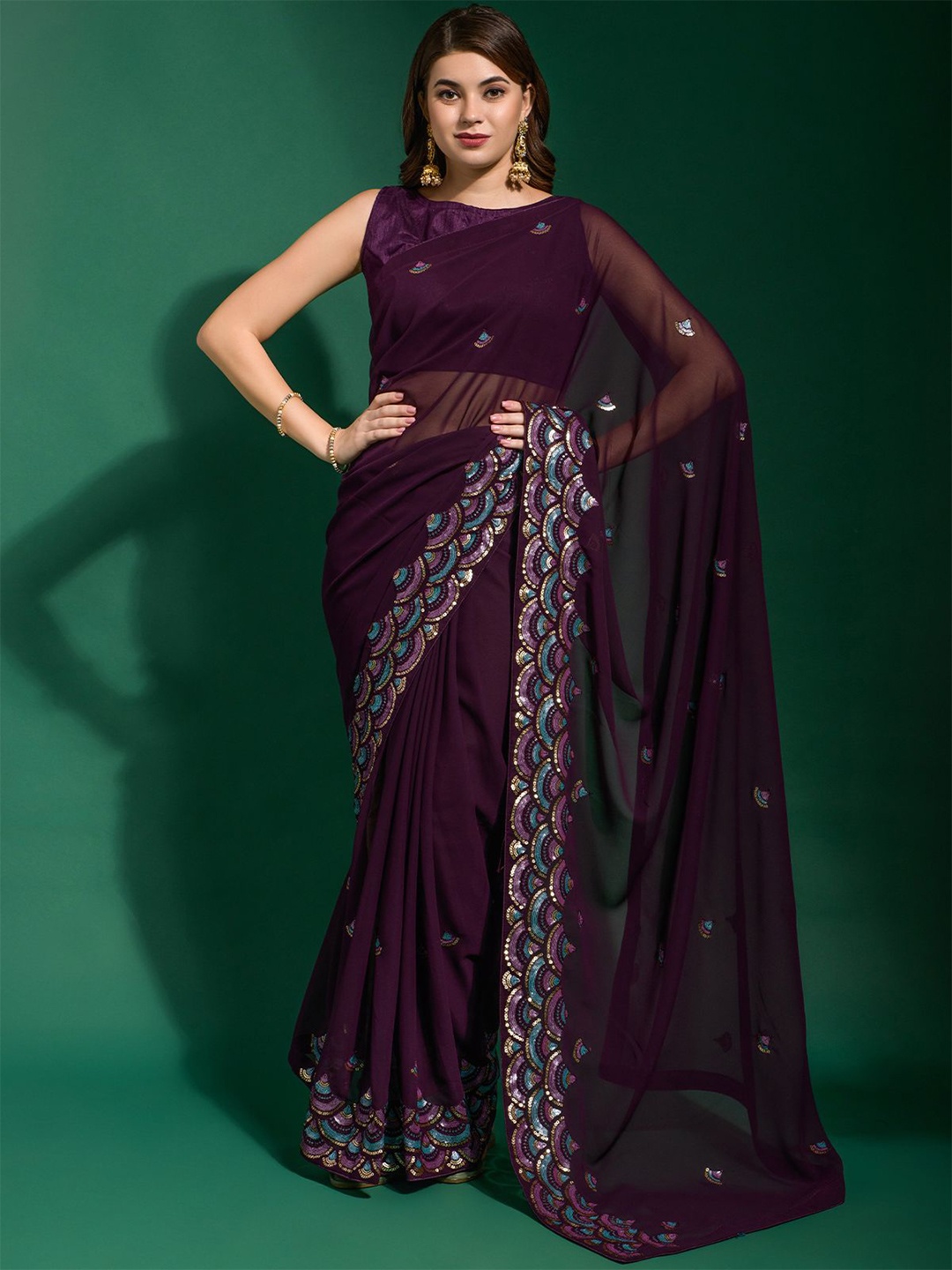 

ODETTE Sequinned Poly Georgette Saree, Purple
