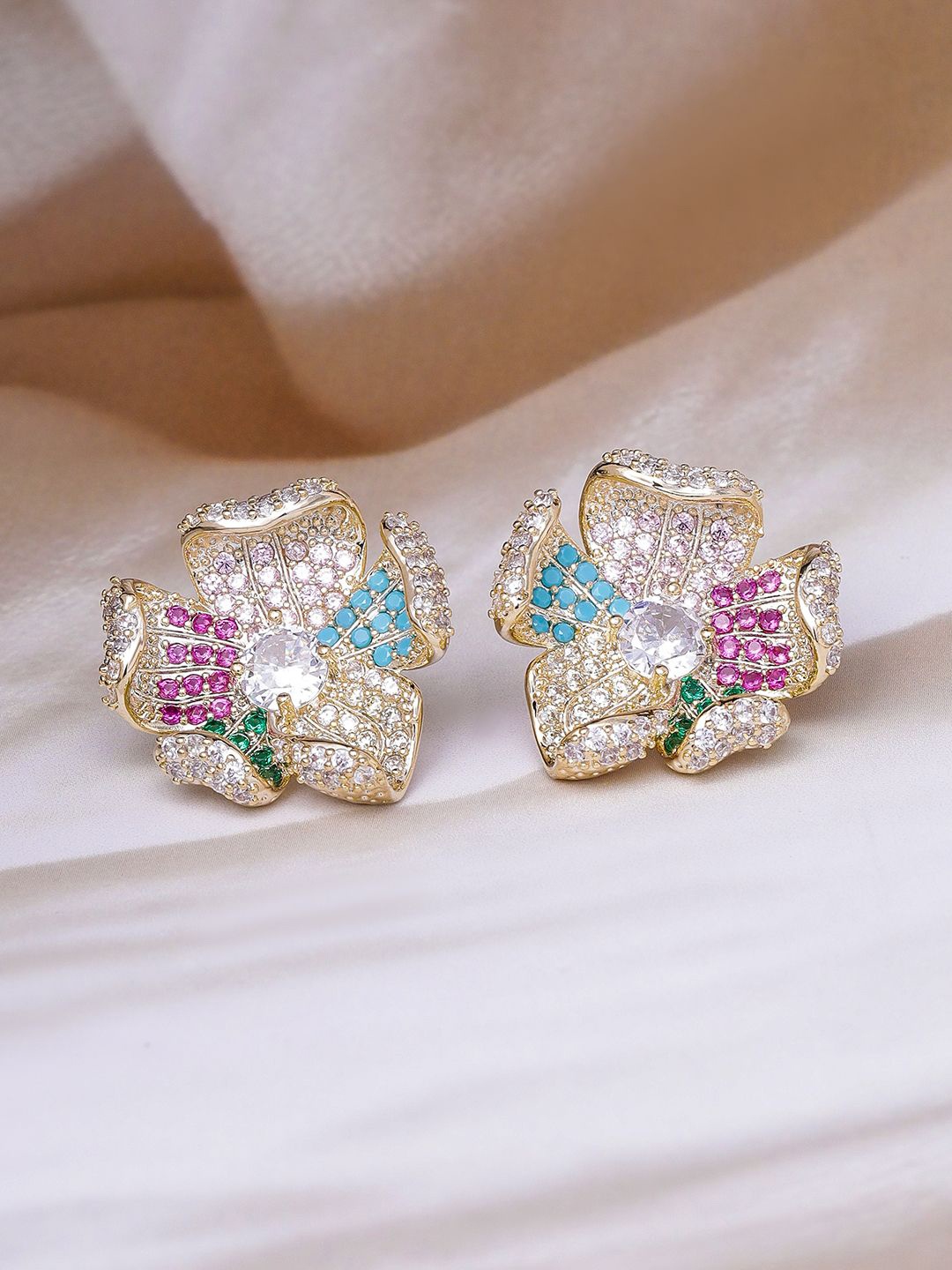 

Rubans 22K Gold Plated Multicolor Crystal AD & Cubic Zirconia Studded Floral Stud Earrings