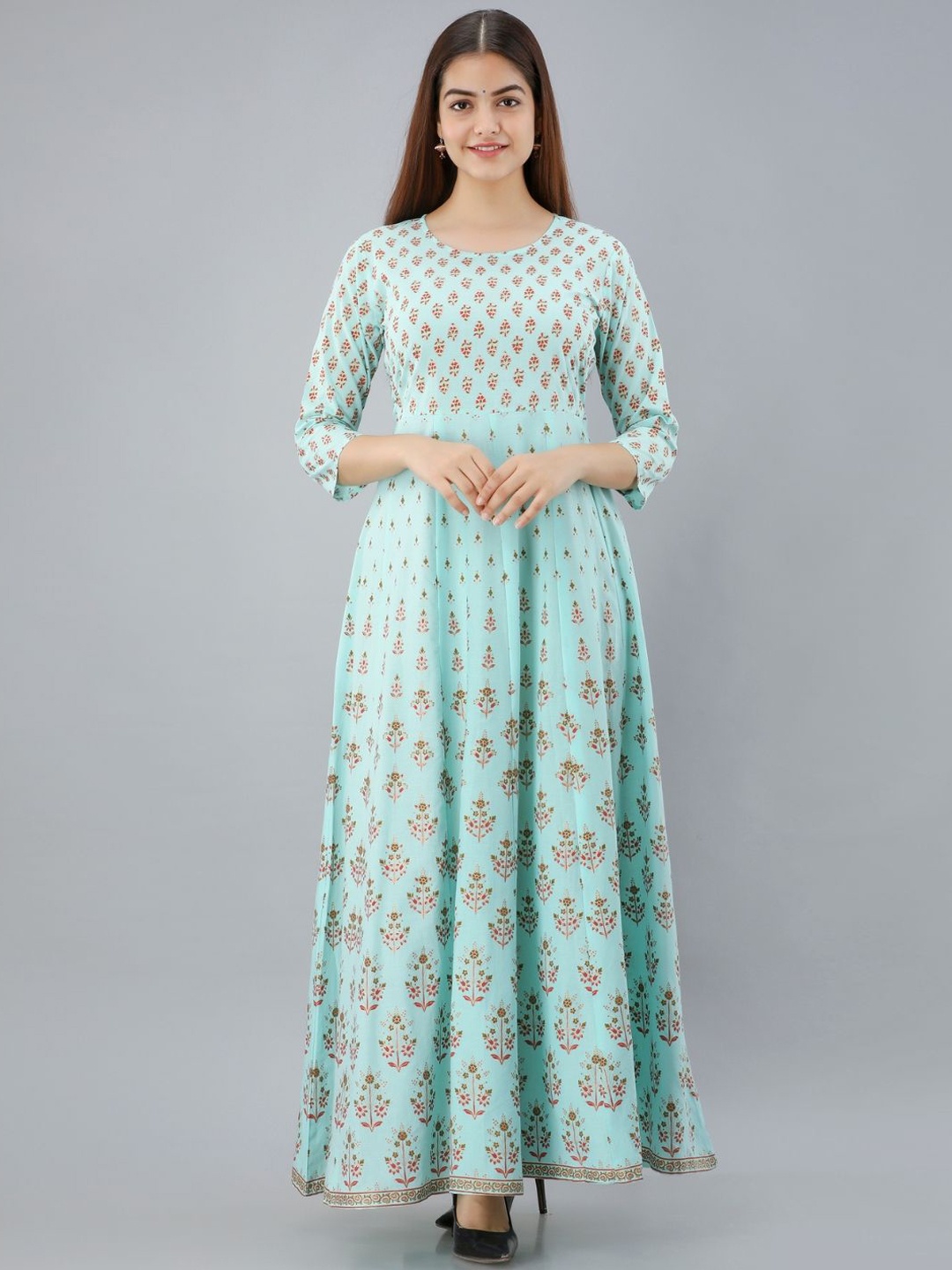 

Jaipurite Floral Printed Round Neck Fit & Flare Ethnic Dress, Sea green