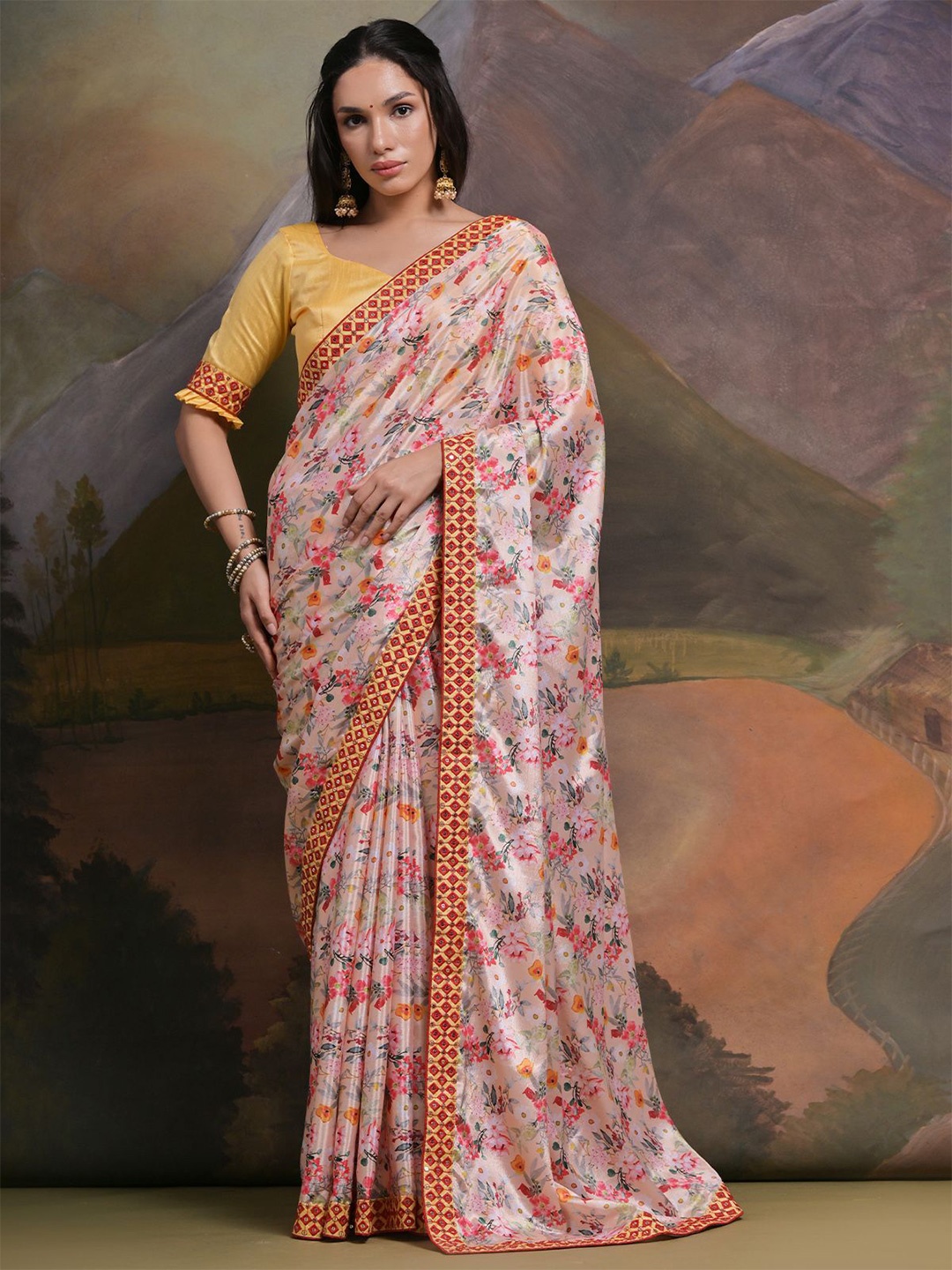 

ODETTE Printed Floral Sequinned Embroidred Saree, Pink