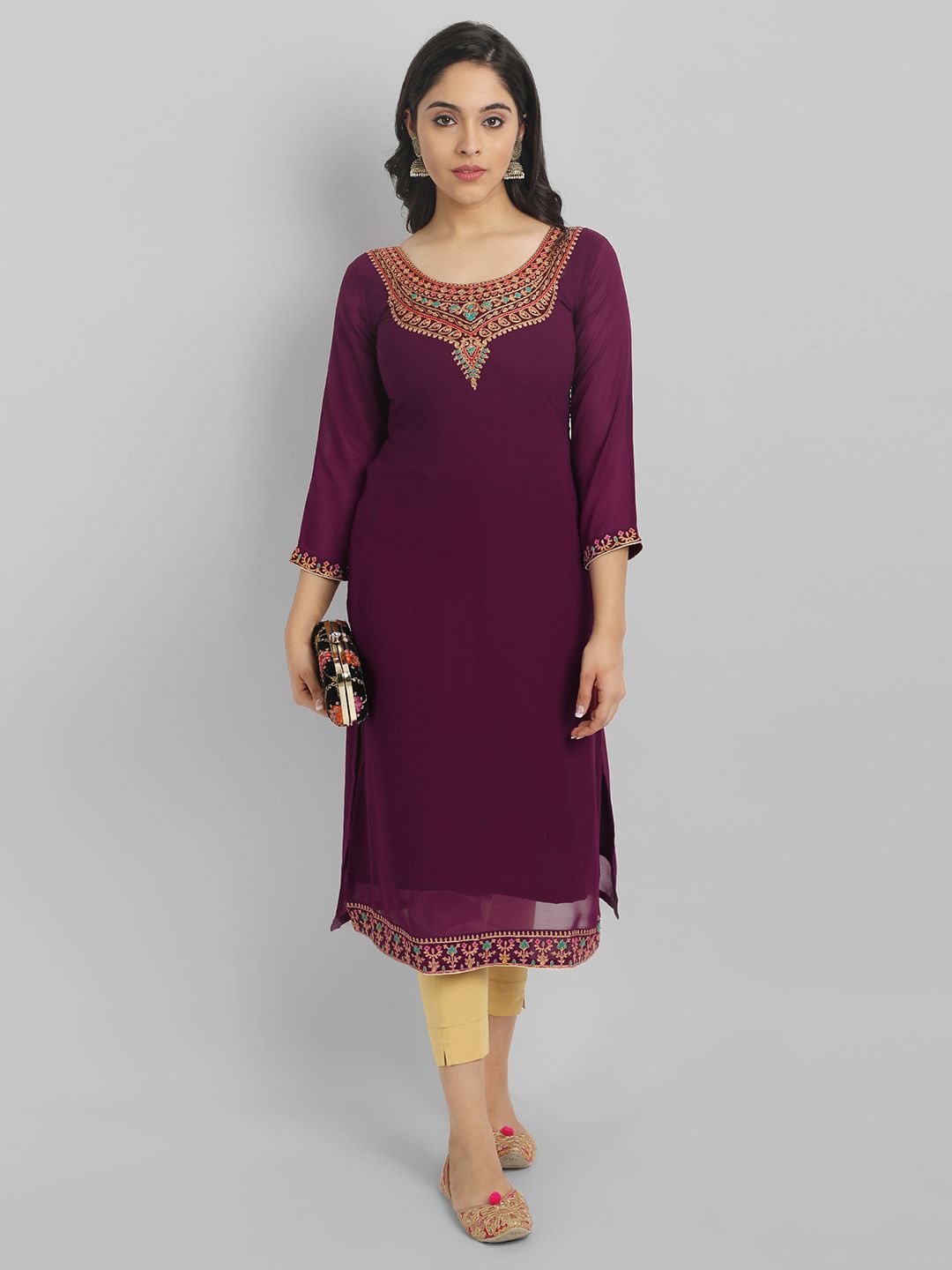 

Vastani Enterprise Ethnic Motifs Embroidered Thread Work Georgette Kurta, Burgundy