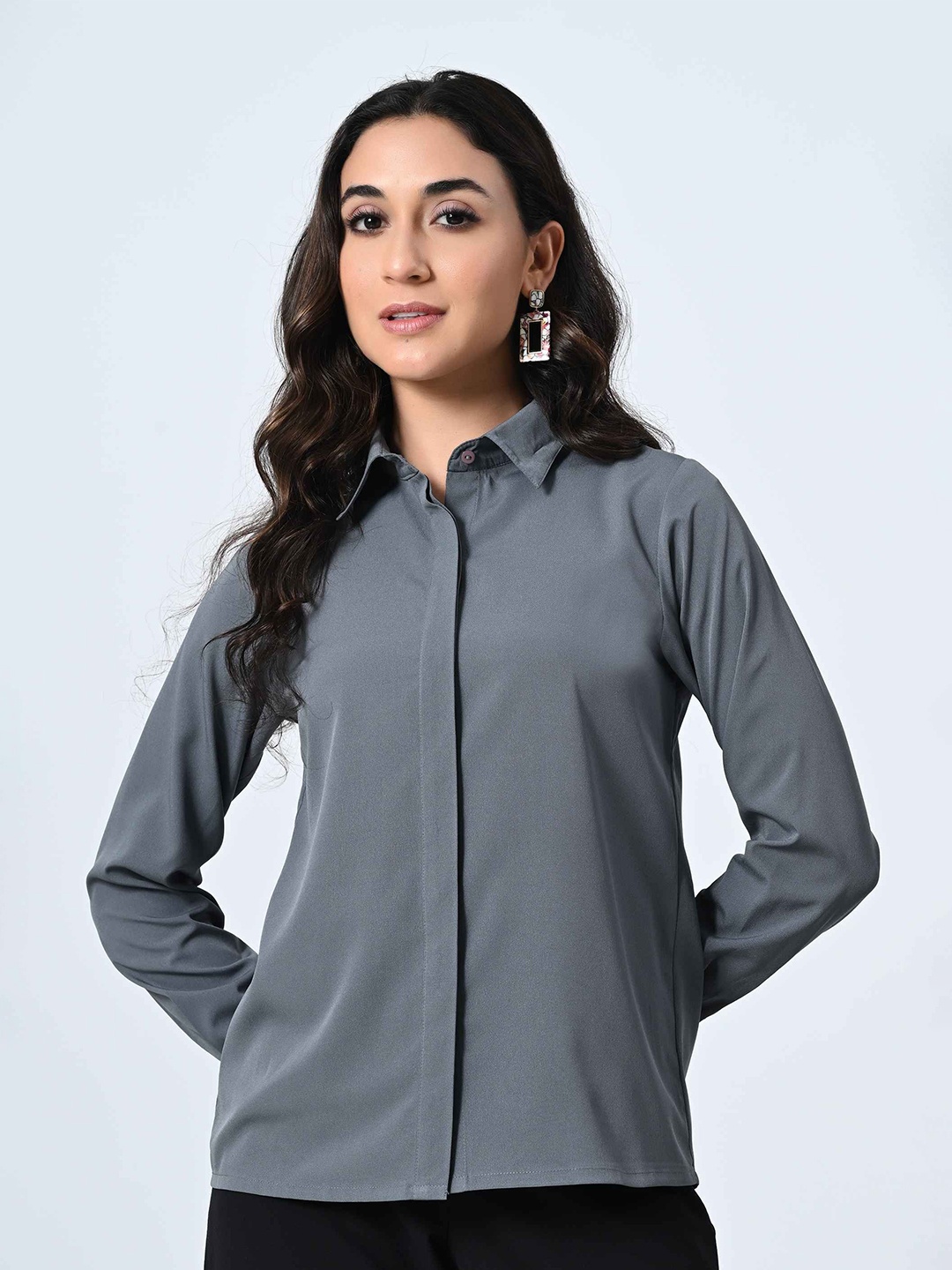 

ALL WAYS YOU Women Standard Spread Collar Solid Crepe Formal Shirt, Grey