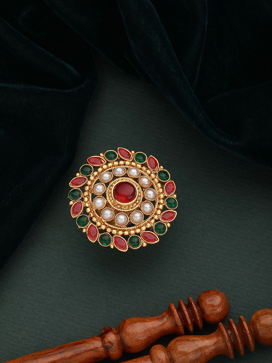 

Anouk Green Gold Plated Stone Studded & Pearls Adjustable Finger Ring