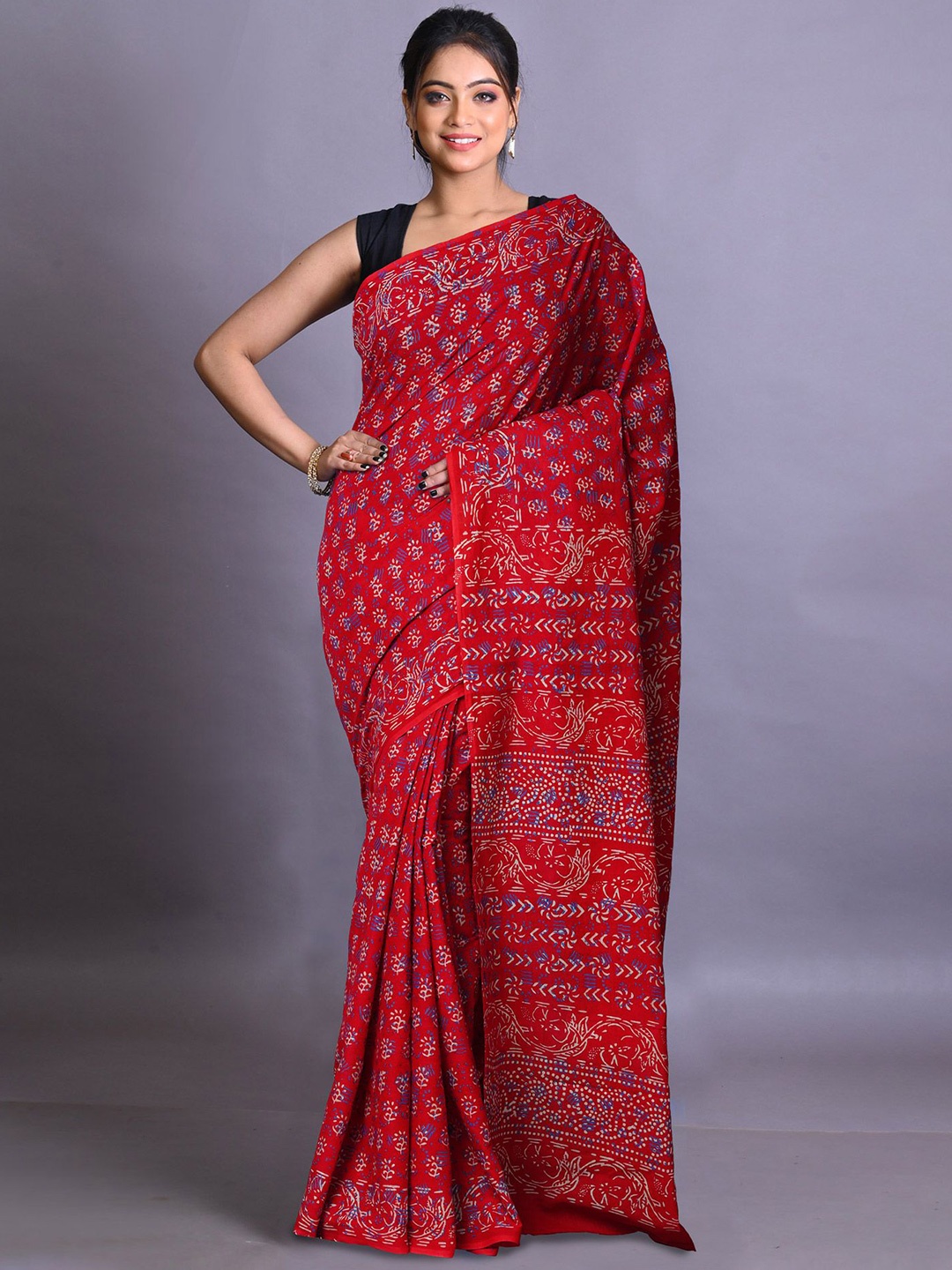 

Unnati Silks Pure Cotton Handloom Block Print Saree, Red