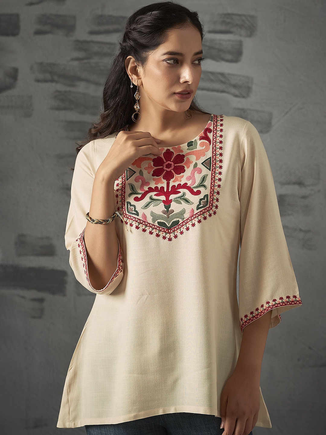 

Anouk Floral Embroidered Liva A-Line Tunic, Beige