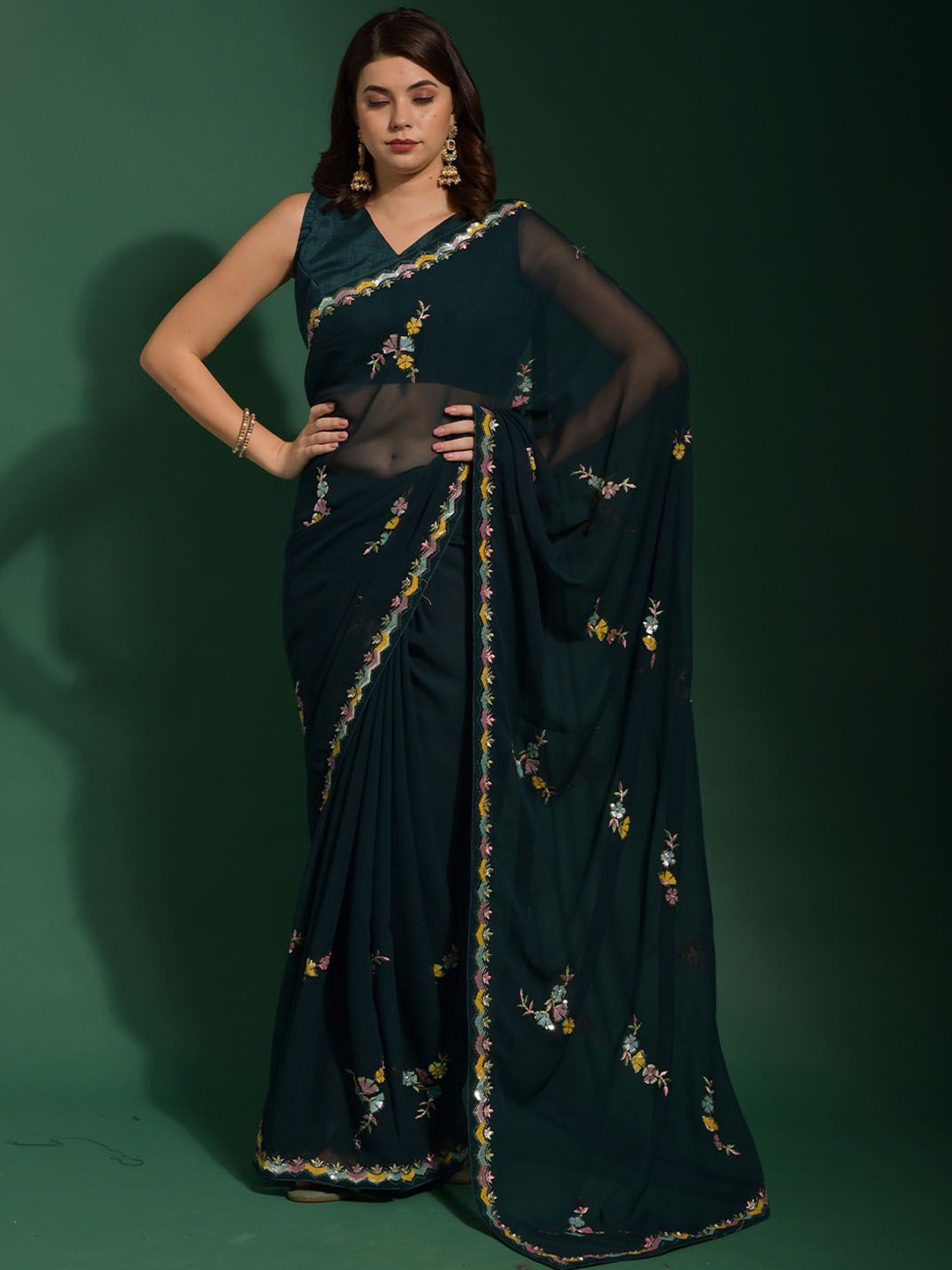 

ODETTE Sequinned Poly Georgette Saree, Green