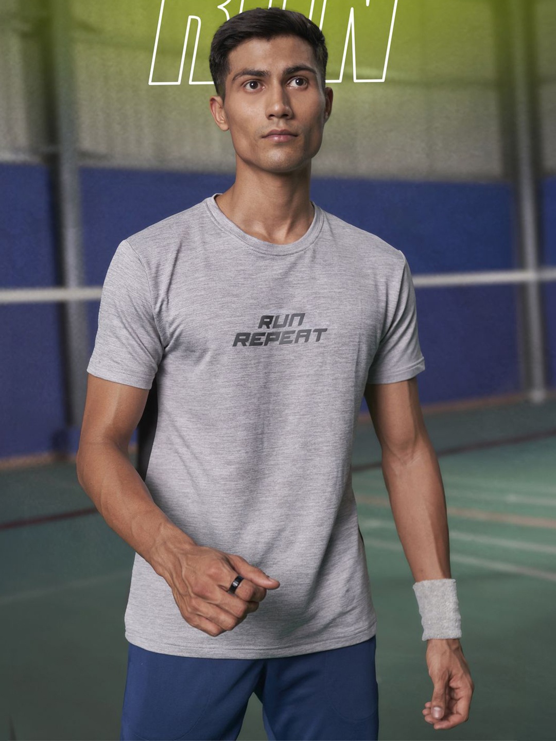 

Fit Monkey Men Dri-FIT Typography Printed Round Neck T-Shirt, Grey