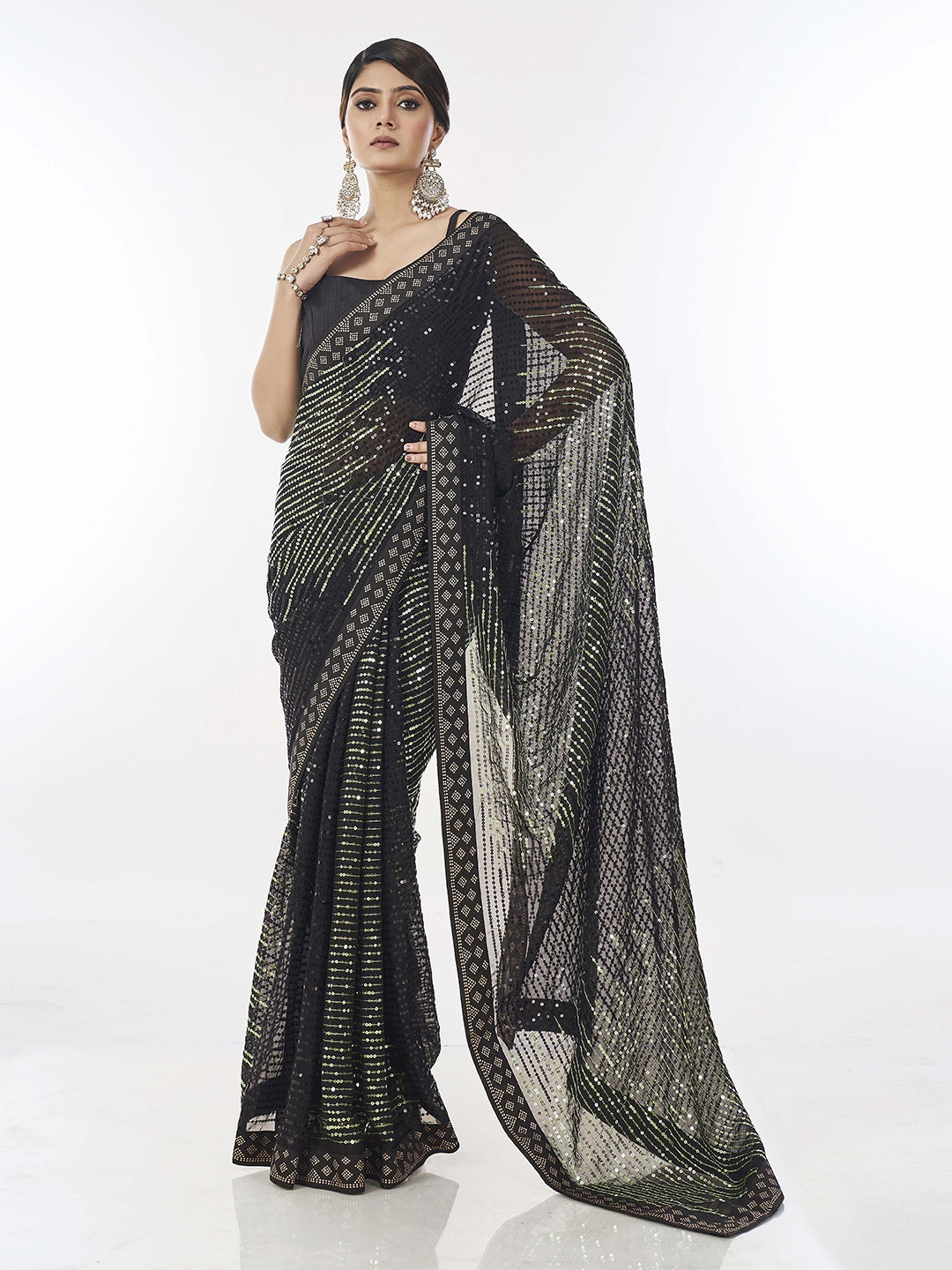 

Ethnielle Embellished Sequinned Poly Georgette Saree, Black